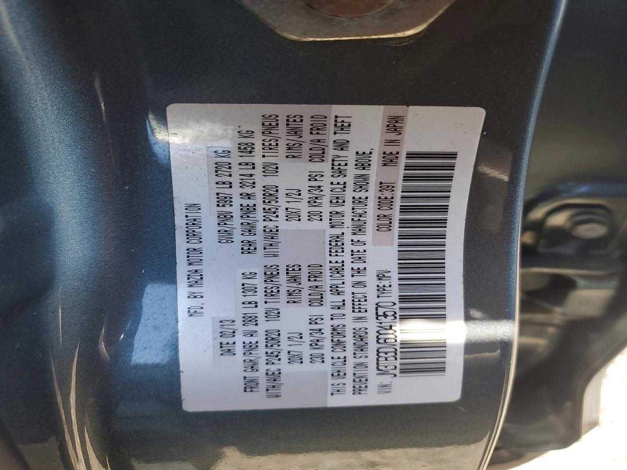2013 Mazda Cx-9 Grand Touring Gray vin: JM3TB3DV6D0413570