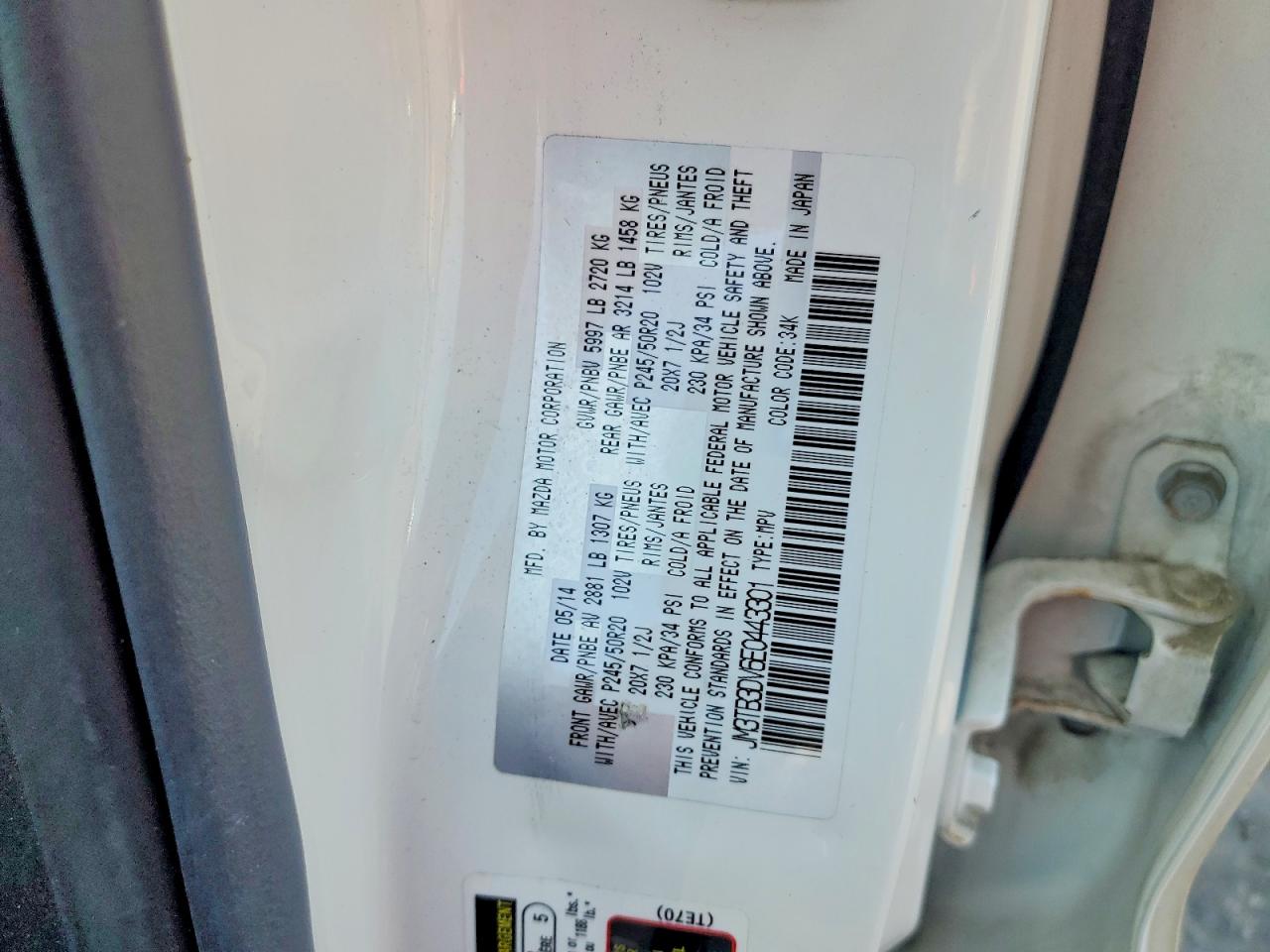 2014 Mazda Cx-9 Grand Touring White vin: JM3TB3DV6E0443301