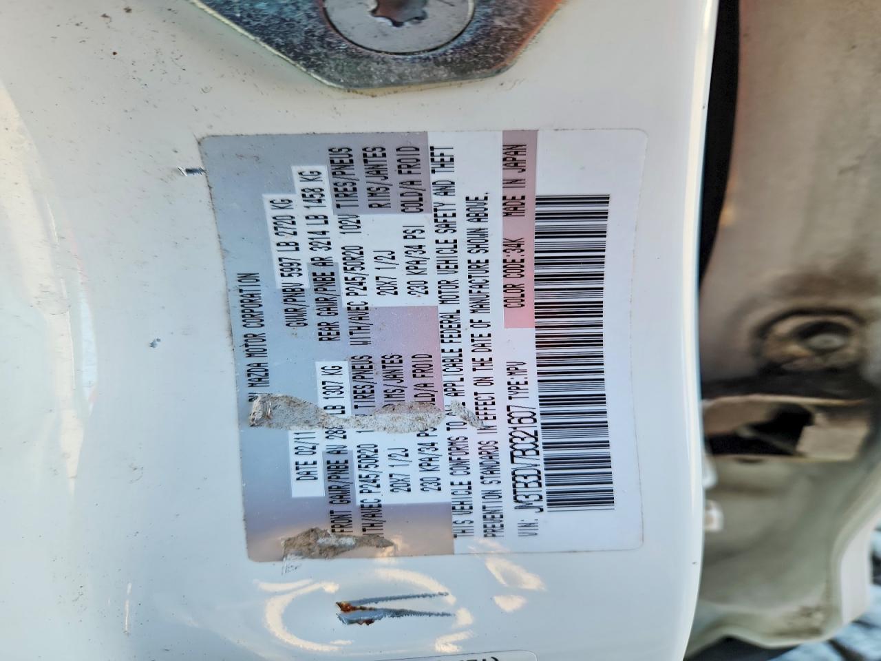 2011 Mazda Cx-9 White vin: JM3TB3DV7B0321607