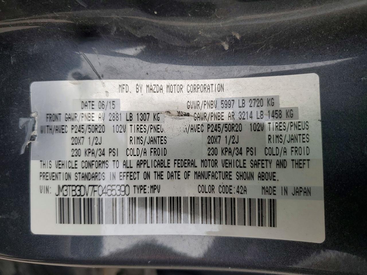 2015 Mazda Cx-9 Grand Touring Charcoal vin: JM3TB3DV7F0465390