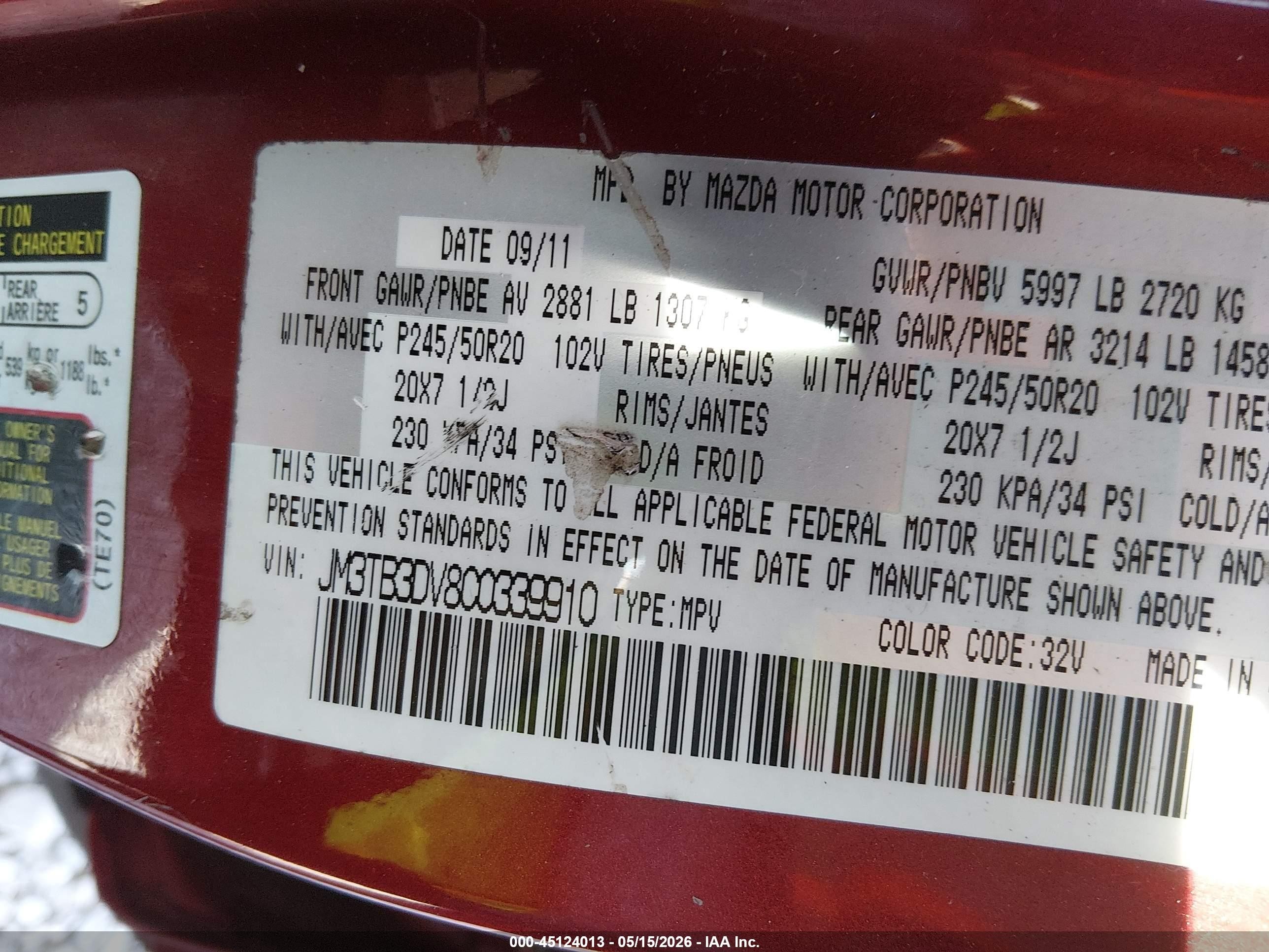 2012 Mazda Cx-9 Grand Touring Red vin: JM3TB3DV8C0339910
