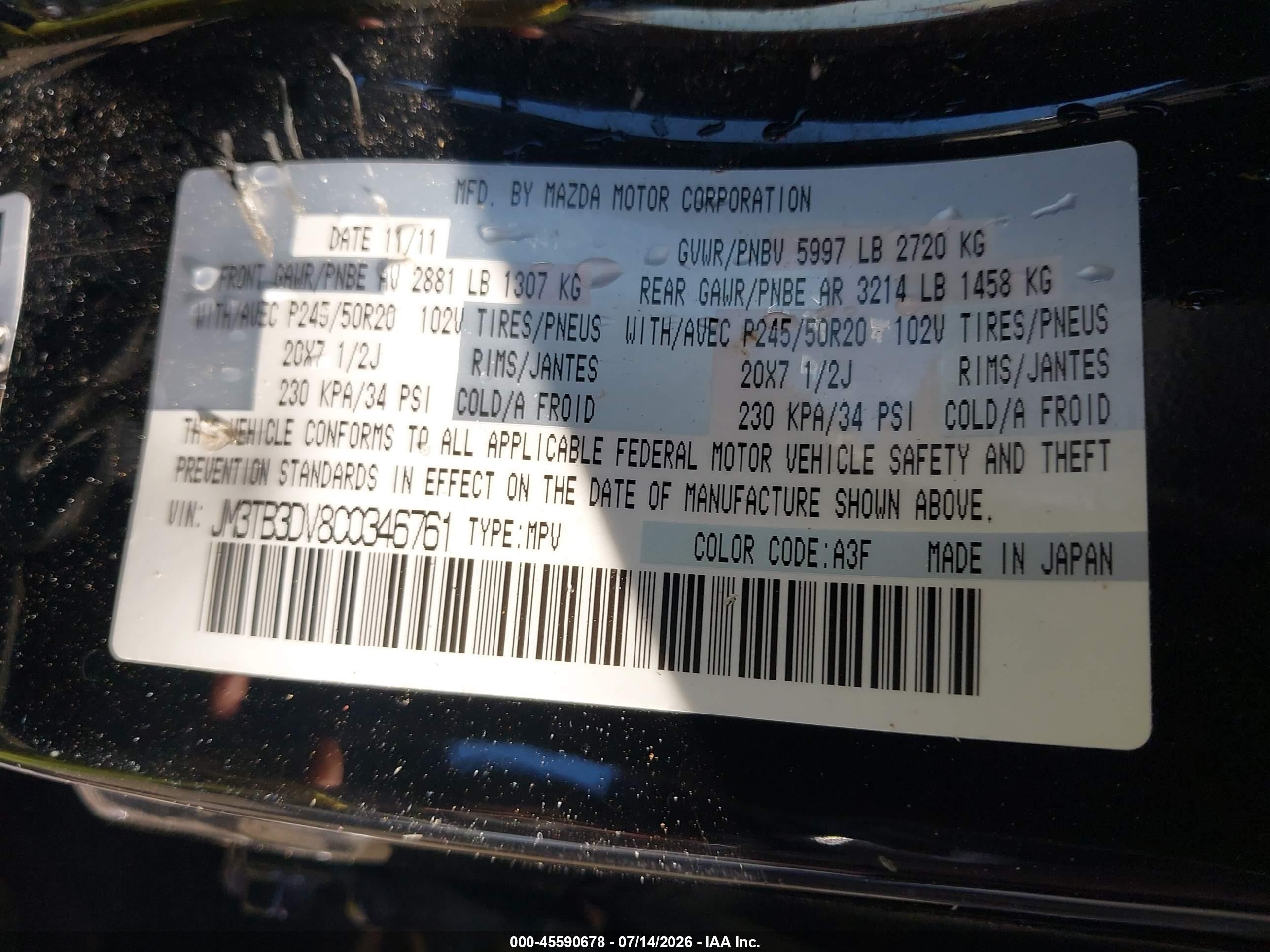 2012 Mazda Cx-9 Grand Touring Black vin: JM3TB3DV8C0346761