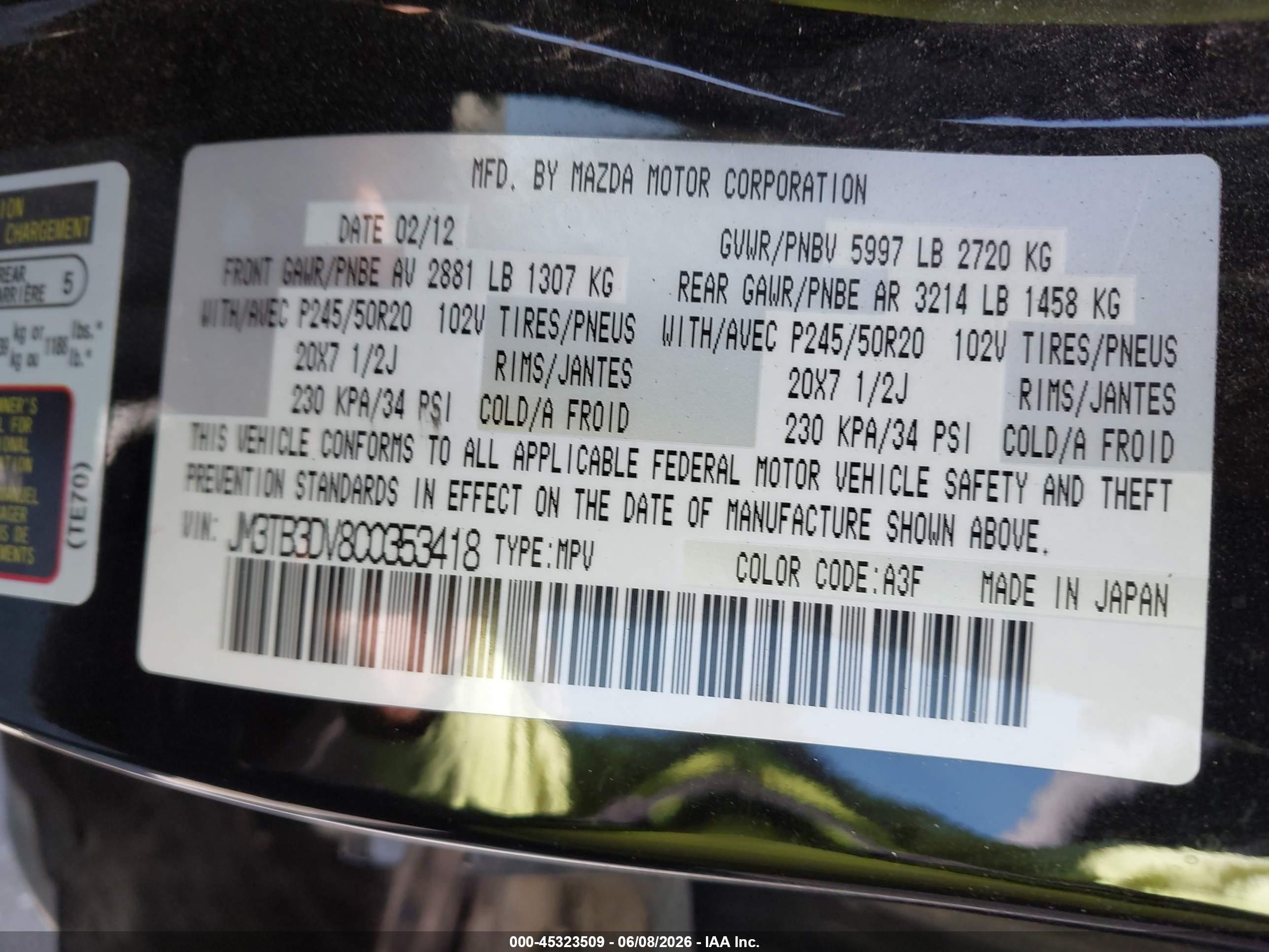 2012 Mazda Cx-9 Grand Touring Black vin: JM3TB3DV8C0353418
