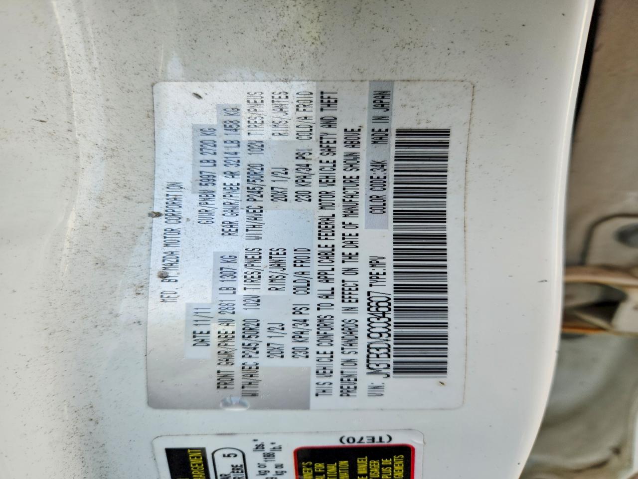 2012 Mazda Cx-9 White vin: JM3TB3DV9C0346607
