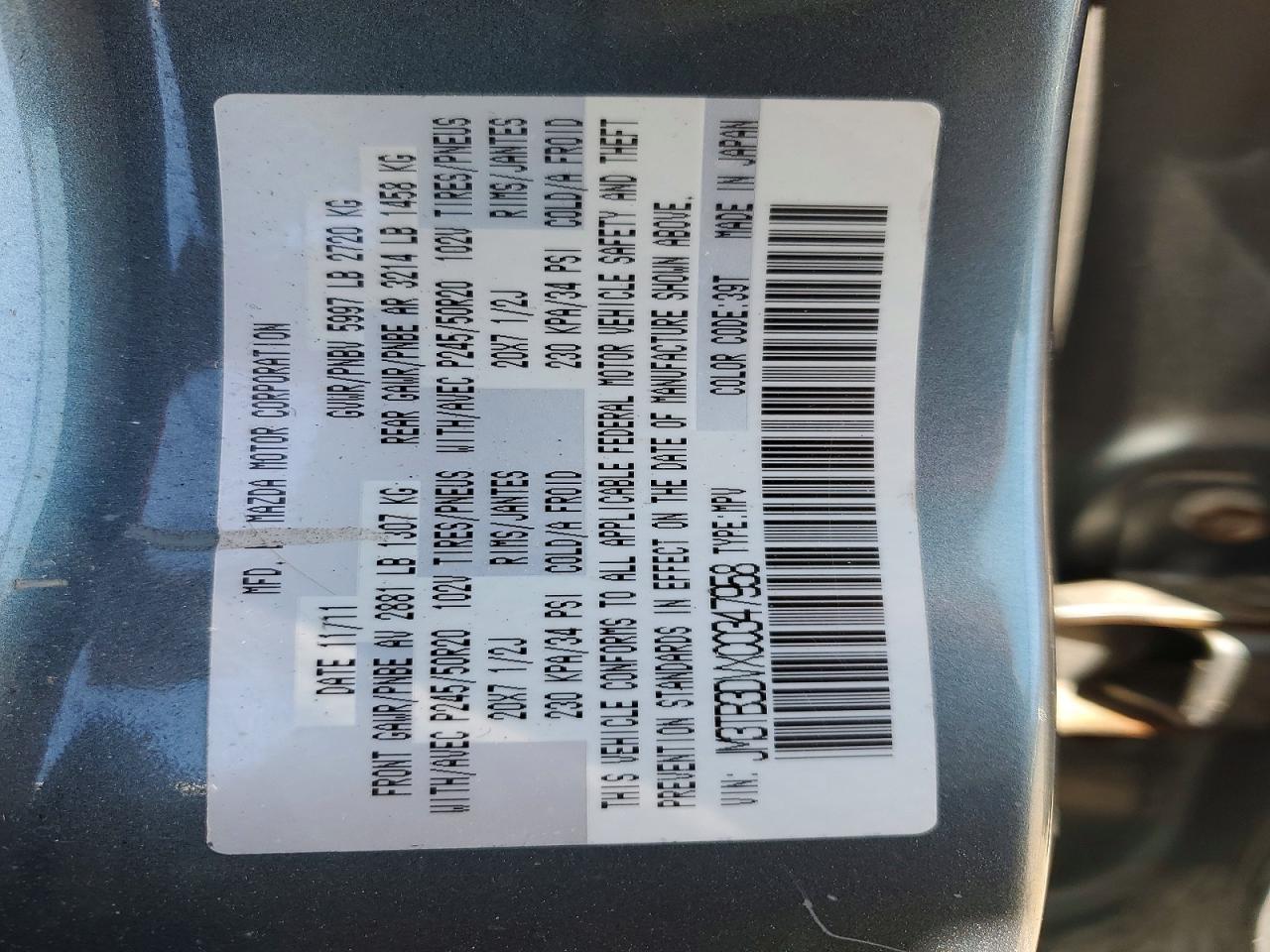 2012 Mazda Cx-9 Teal vin: JM3TB3DVXC0347958