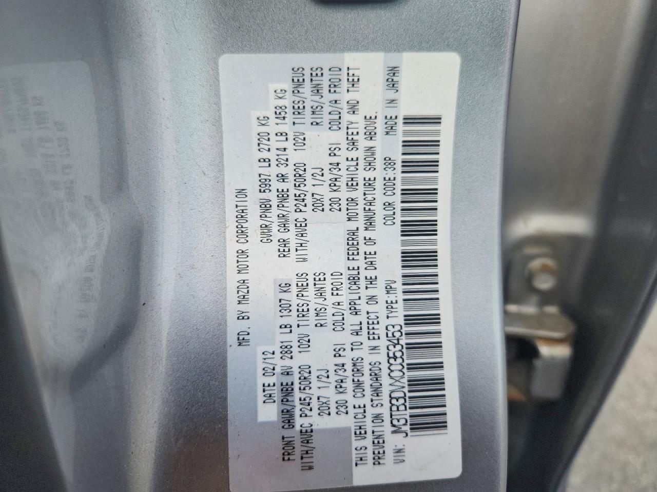 2012 Mazda Cx-9 Silver vin: JM3TB3DVXC0353453