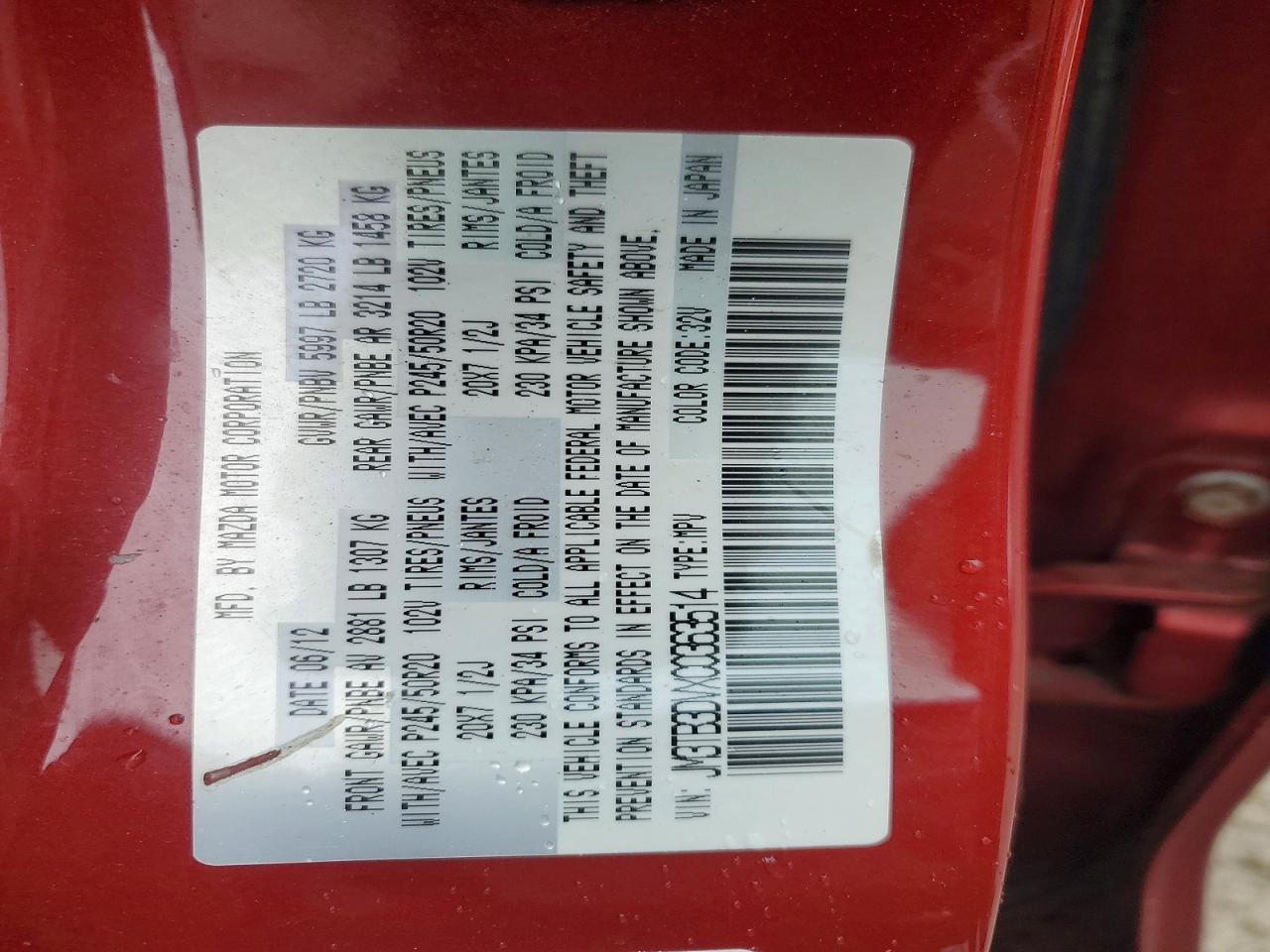 2012 Mazda Cx-9 Red vin: JM3TB3DVXC0363514