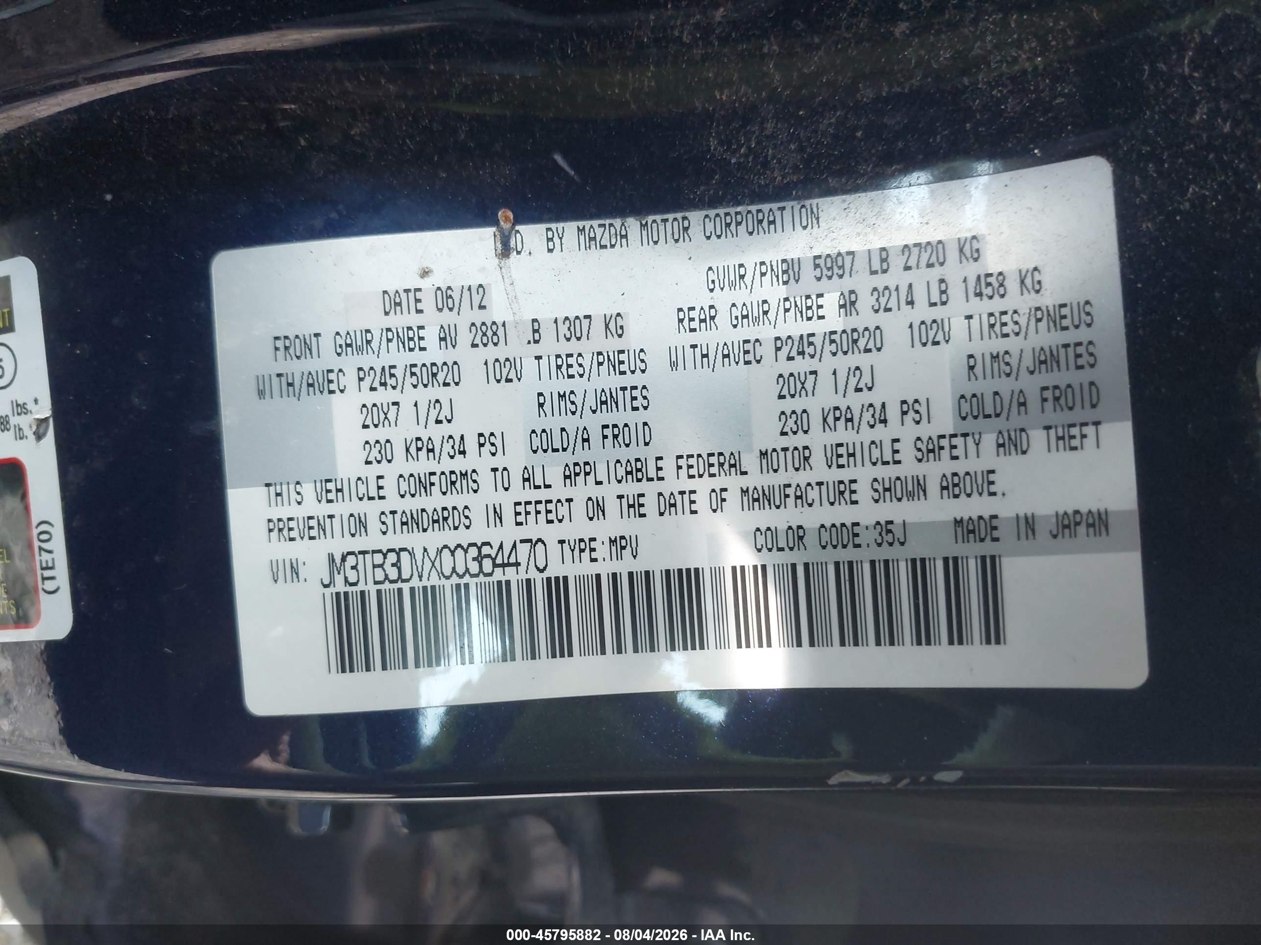 2012 Mazda Cx-9 Grand Touring Blue vin: JM3TB3DVXC0364470