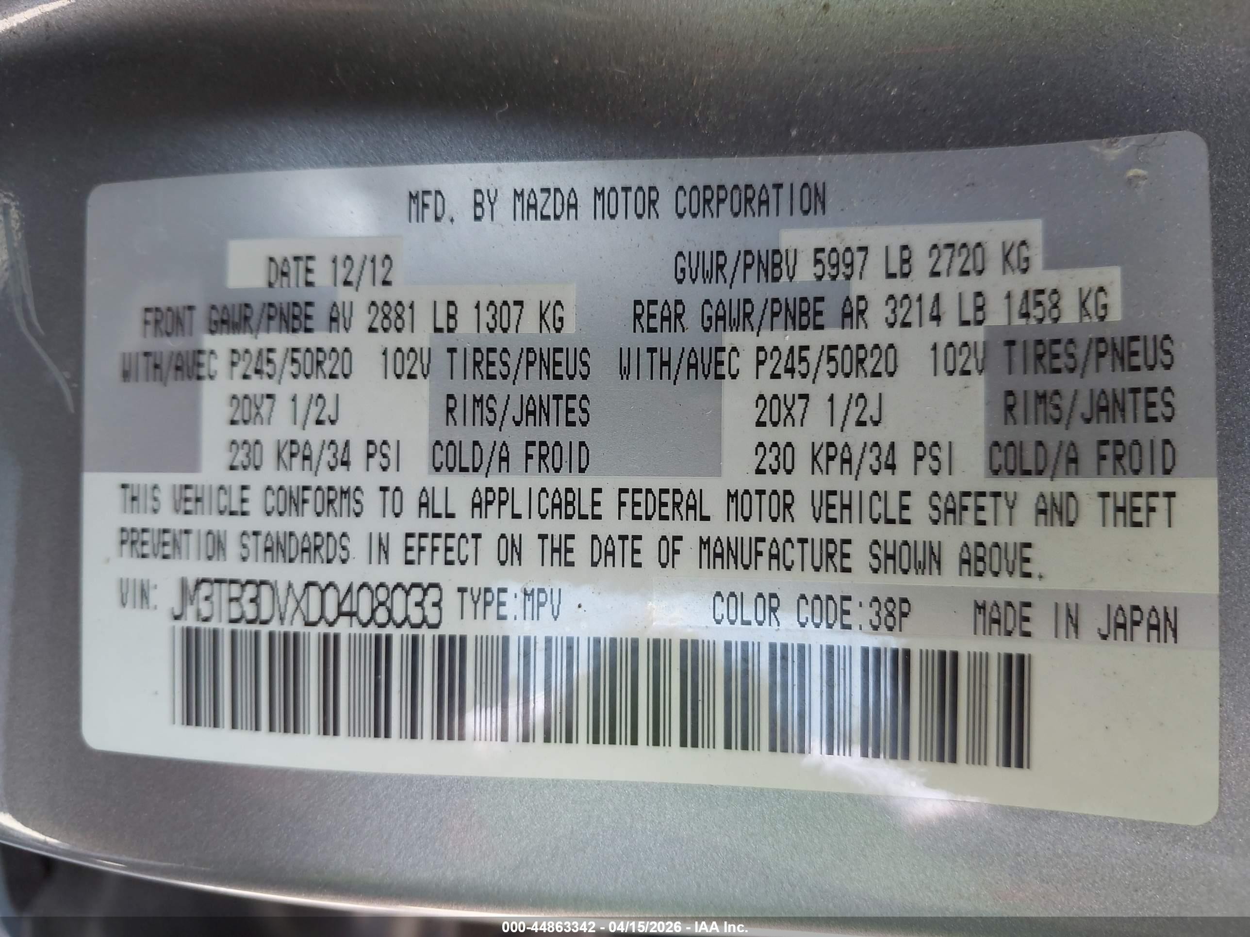 2013 Mazda Cx-9 Grand Touring Gray vin: JM3TB3DVXD0408033