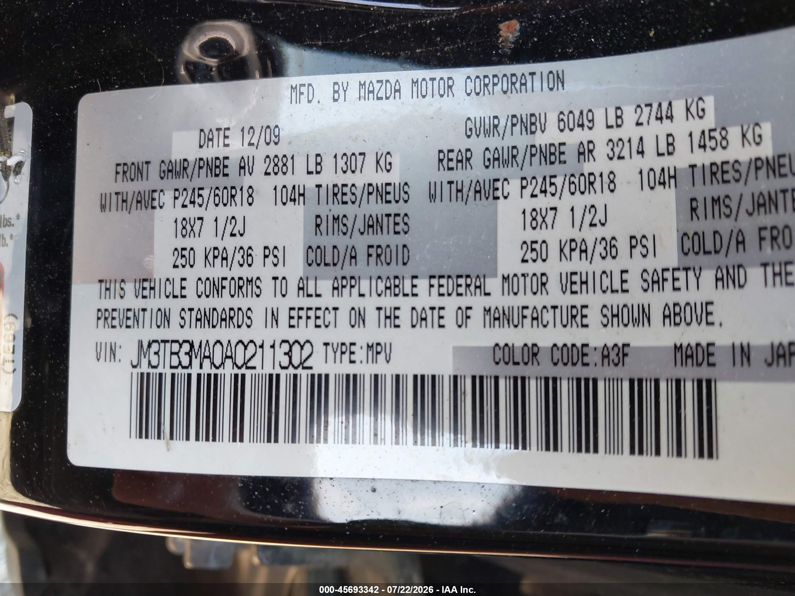 2010 Mazda Cx-9 Touring Черный vin: JM3TB3MA0A0211302