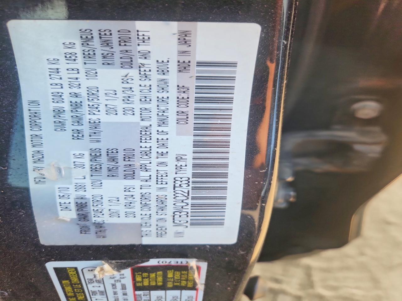 2010 Mazda Cx-9 Black vin: JM3TB3MA0A0227533