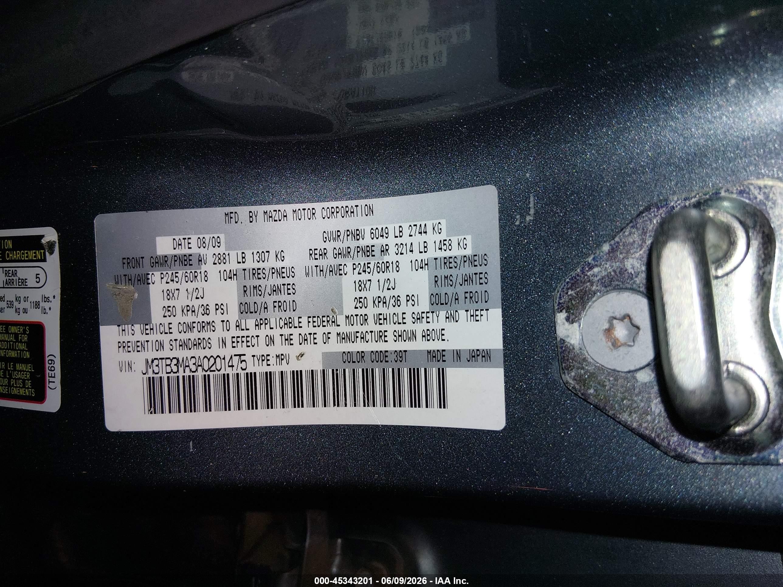 2010 Mazda Cx-9 Sport Blue vin: JM3TB3MA3A0201475