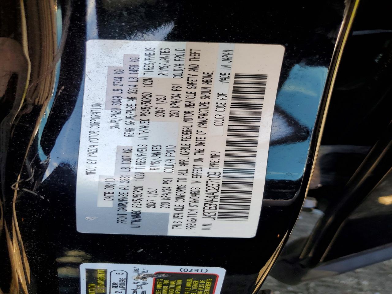 2010 Mazda Cx-9 Black vin: JM3TB3MA4A0237109