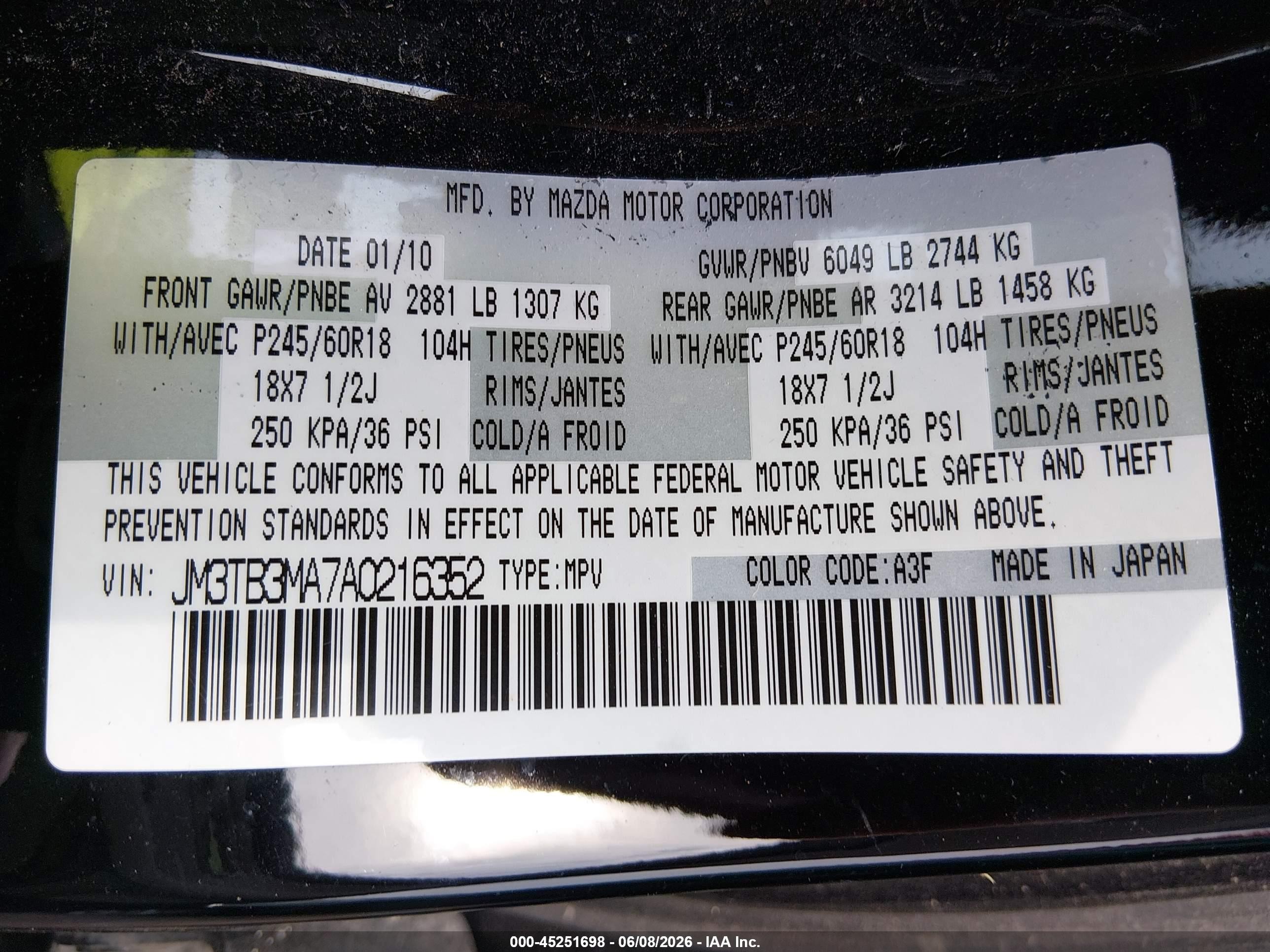 2010 Mazda Cx-9 Touring Black vin: JM3TB3MA7A0216352