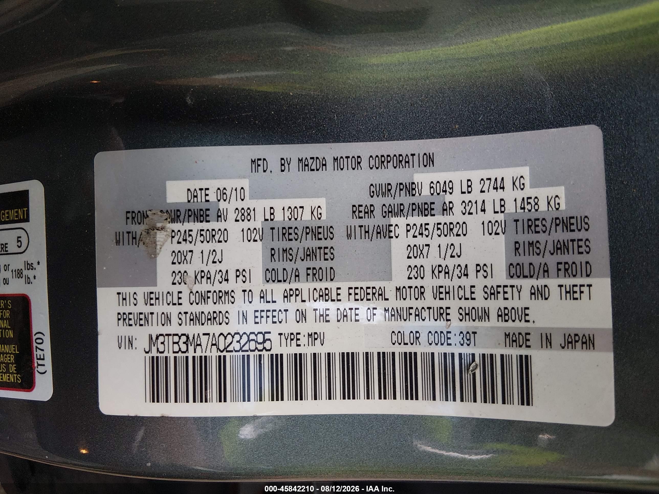 2010 Mazda Cx-9 Grand Touring Light Blue vin: JM3TB3MA7A0232695
