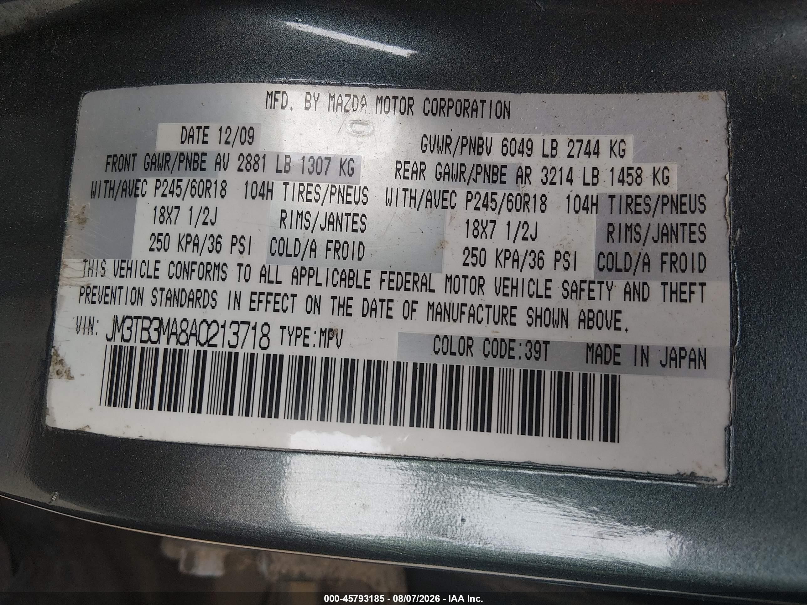 2010 Mazda Cx-9 Sport Teal vin: JM3TB3MA8A0213718