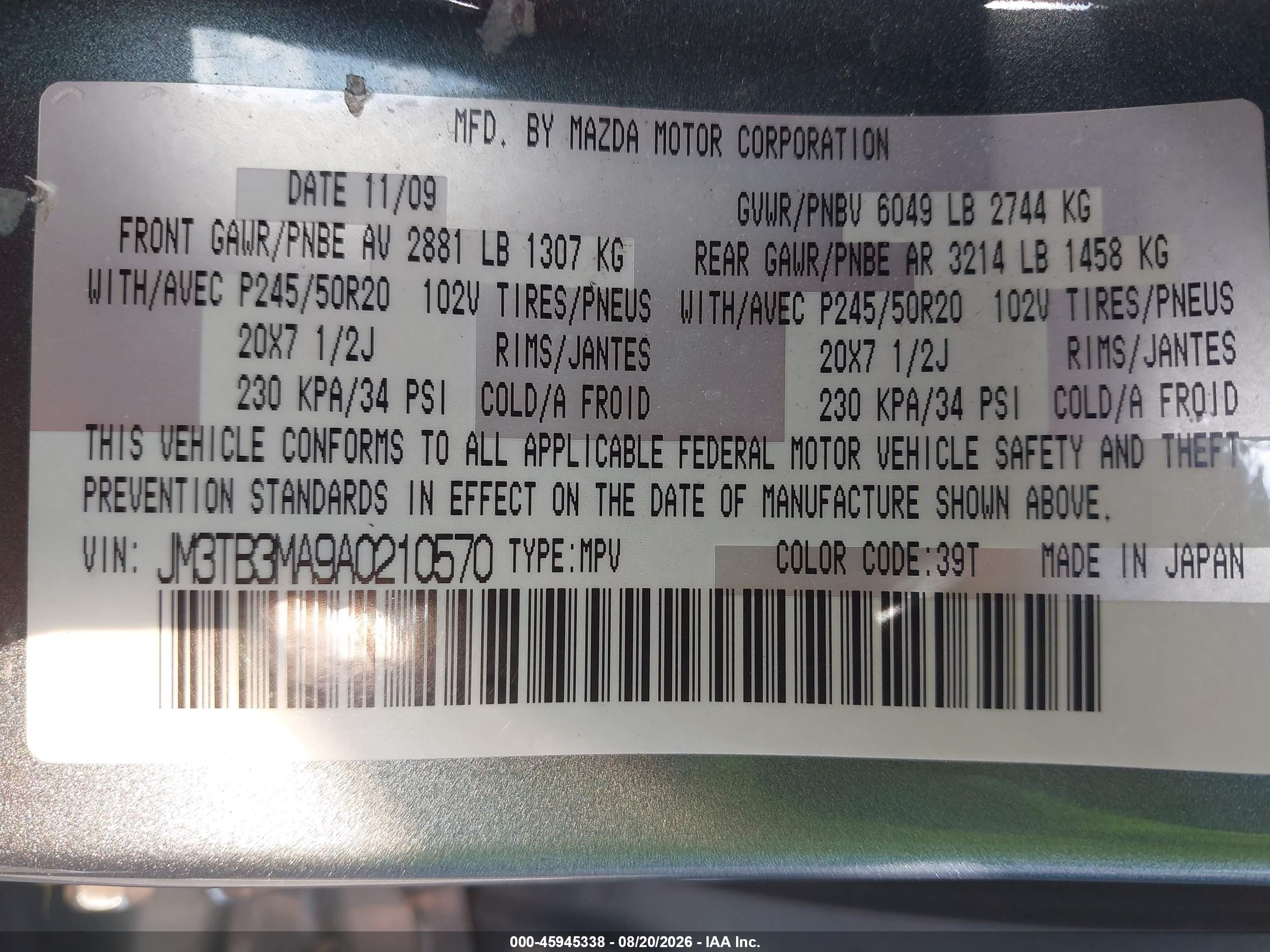 2010 Mazda Cx-9 Grand Touring Blue vin: JM3TB3MA9A0210570