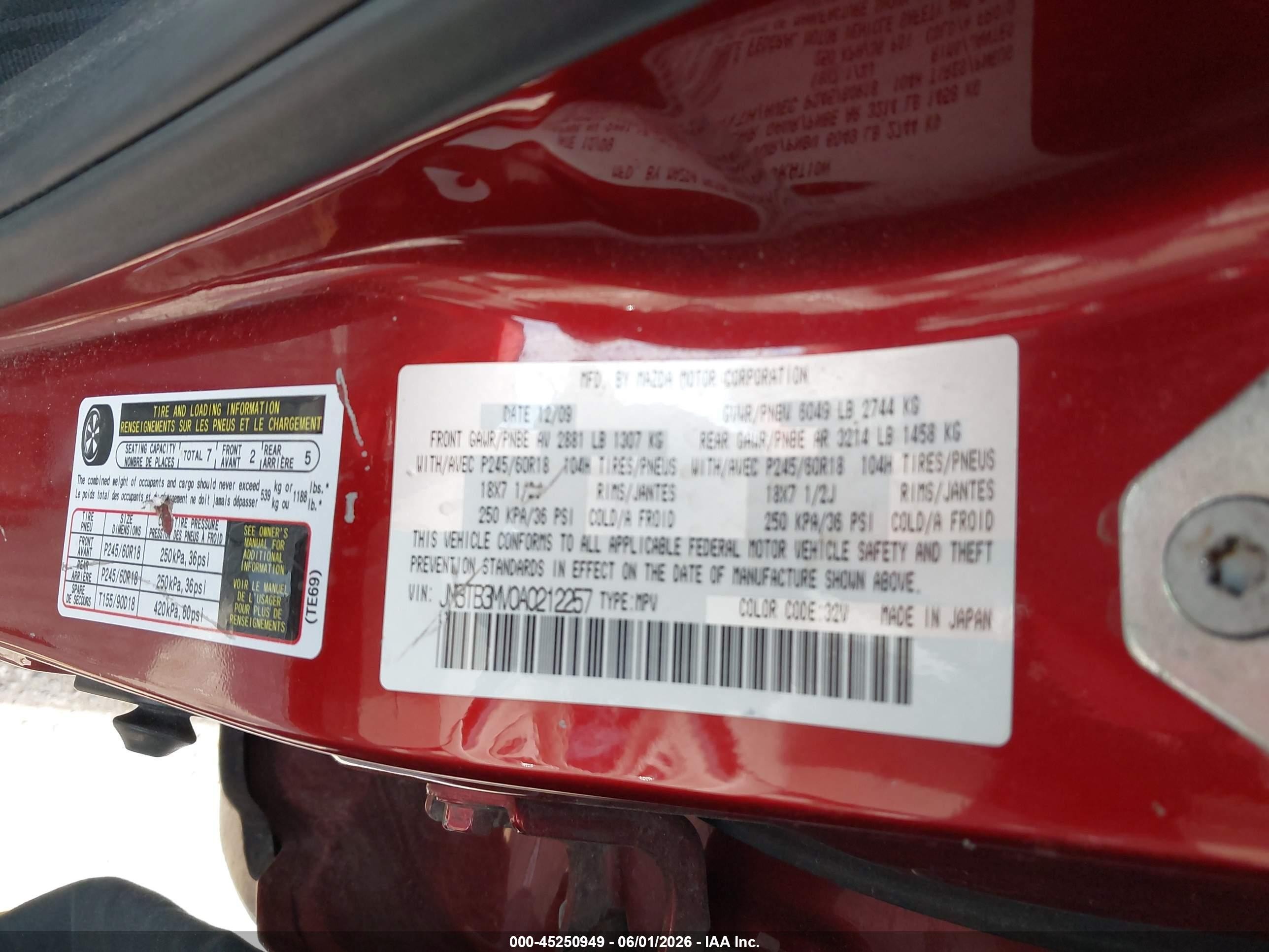 2010 Mazda Cx-9 Touring Maroon vin: JM3TB3MV0A0212257
