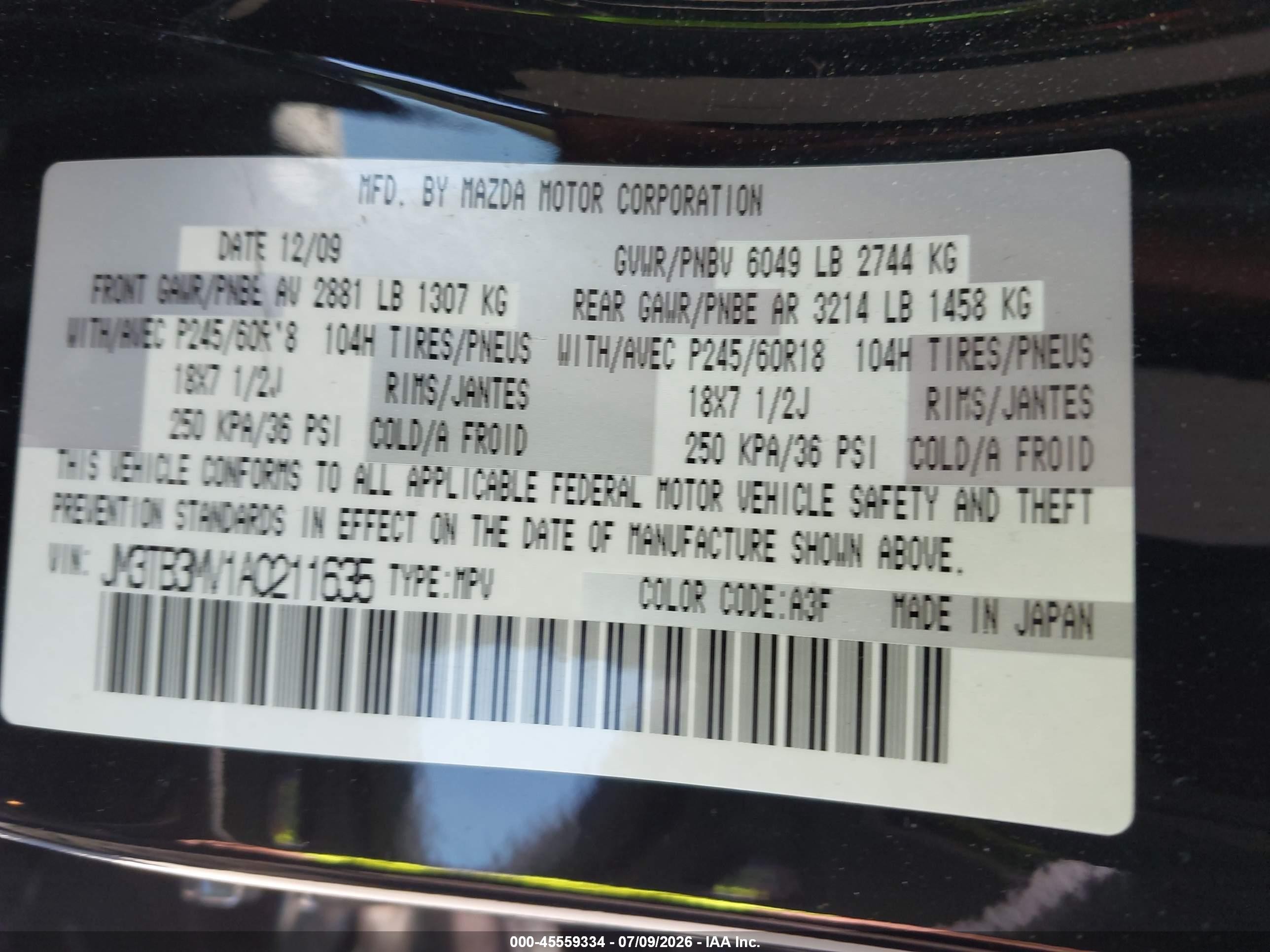 2010 Mazda Cx-9 Touring Черный vin: JM3TB3MV1A0211635
