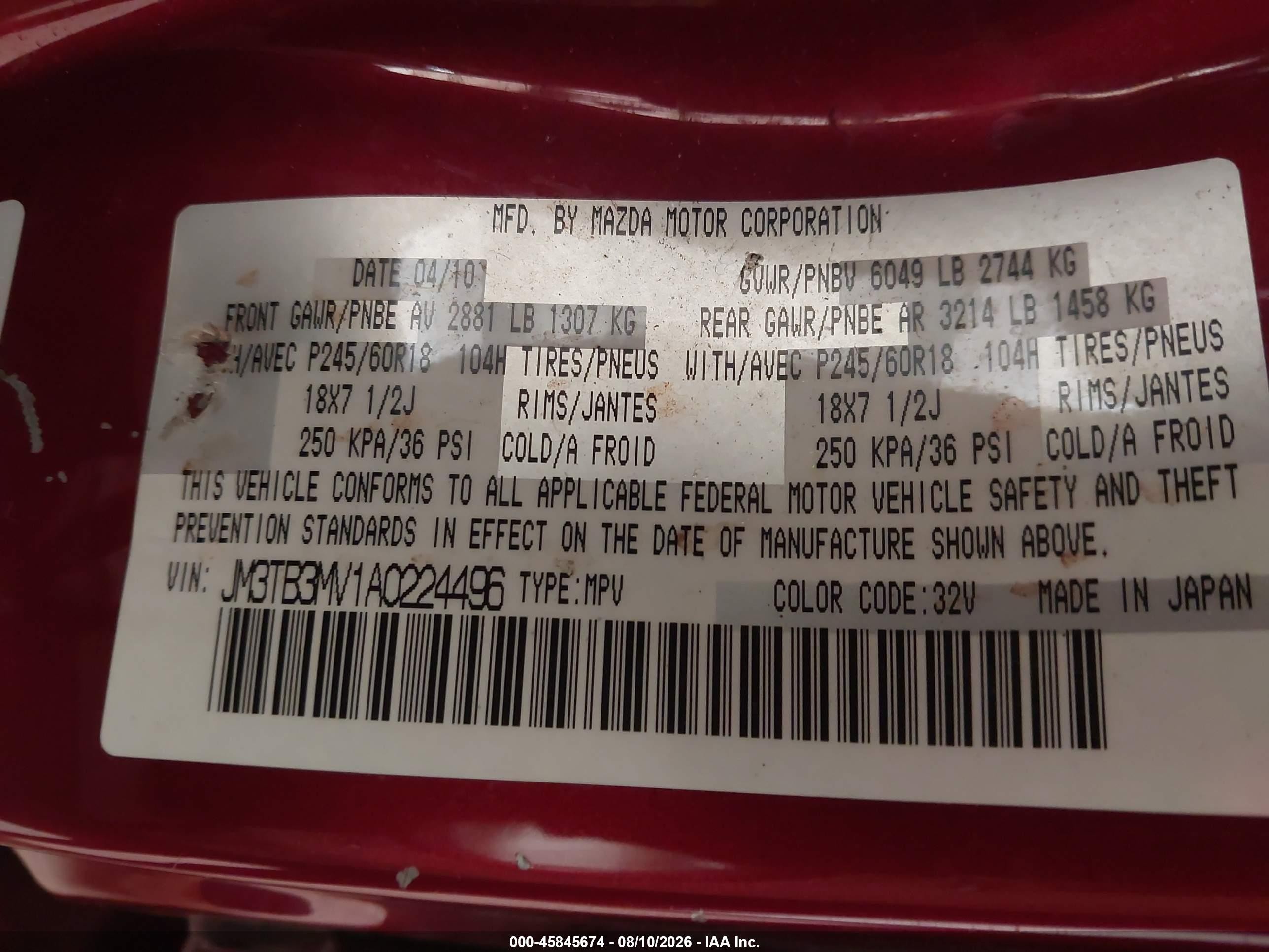 2010 Mazda Cx-9 Touring Red vin: JM3TB3MV1A0224496