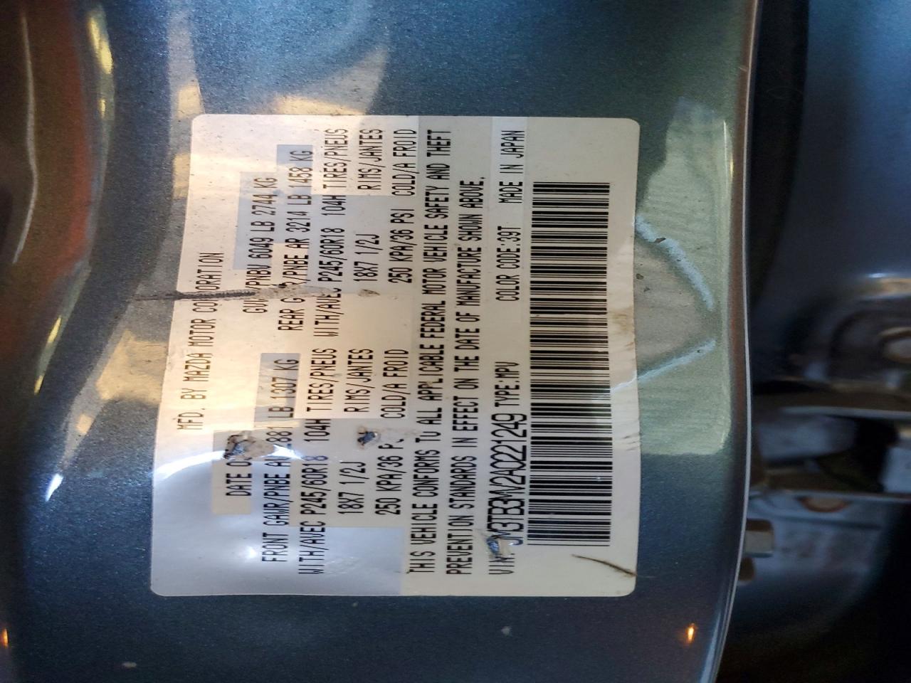 2010 Mazda Cx-9 Charcoal vin: JM3TB3MV2A0221249