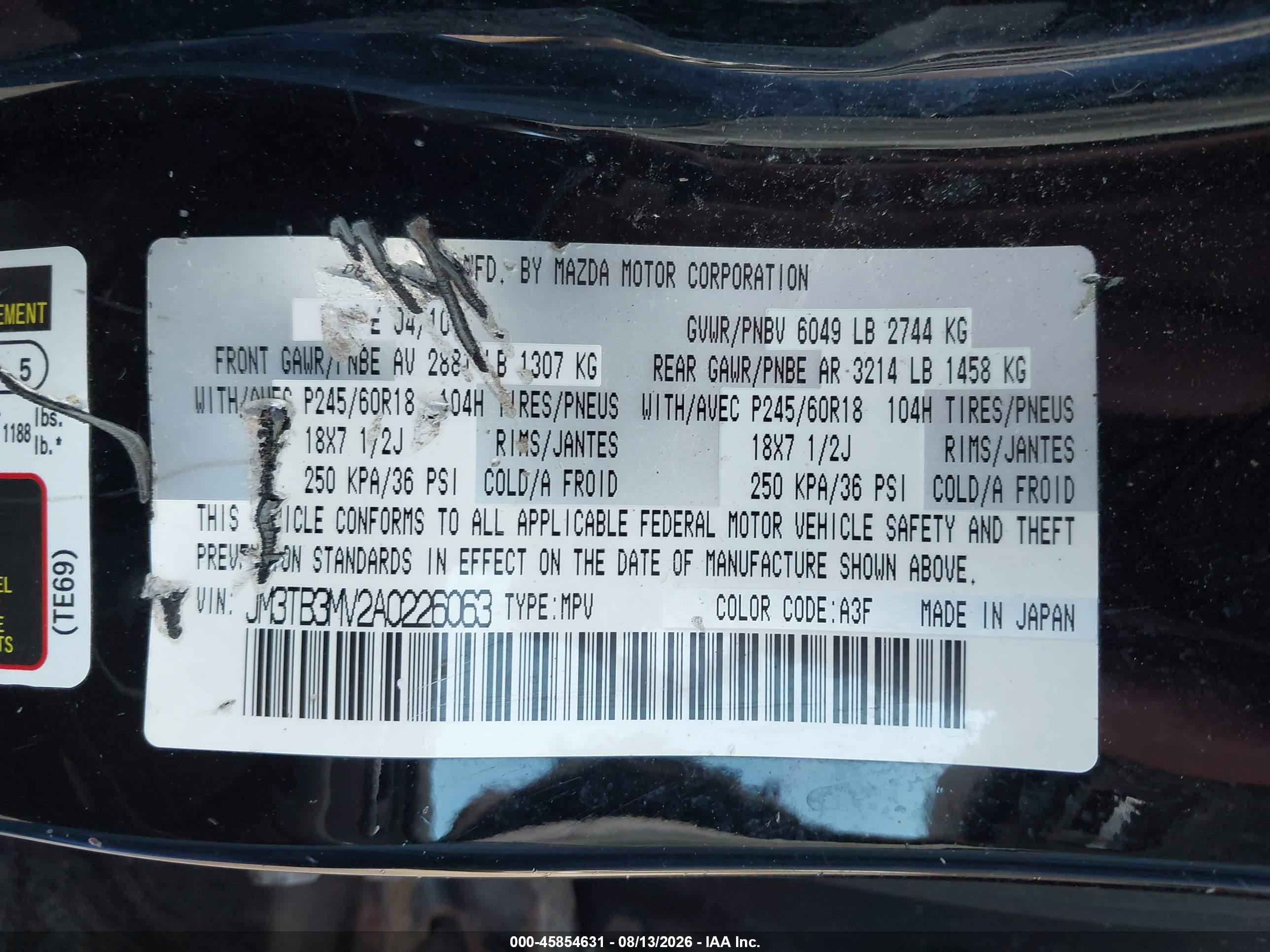 2010 Mazda Cx-9 Touring Black vin: JM3TB3MV2A0226063