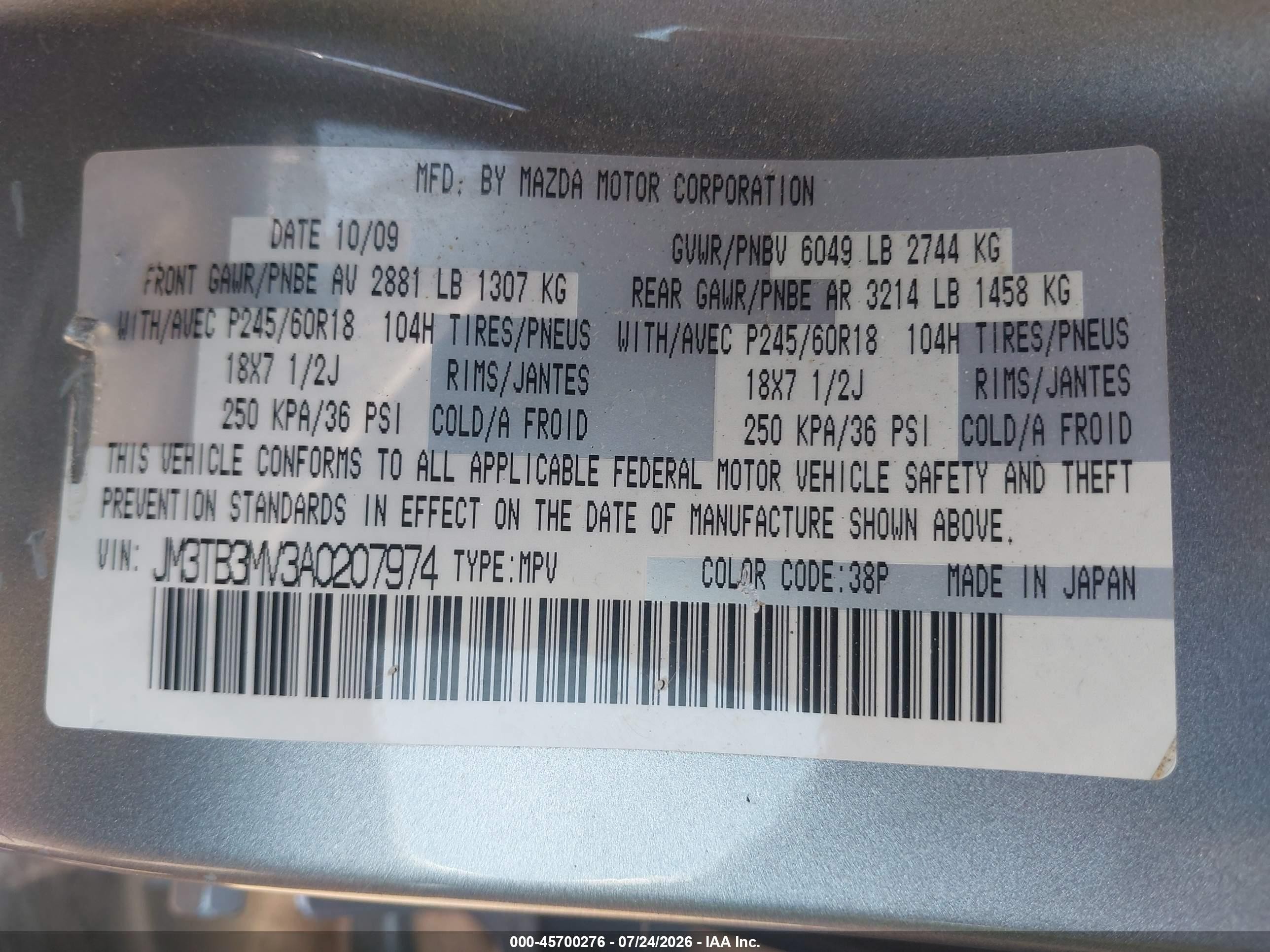2010 Mazda Cx-9 Touring Silver vin: JM3TB3MV3A0207974