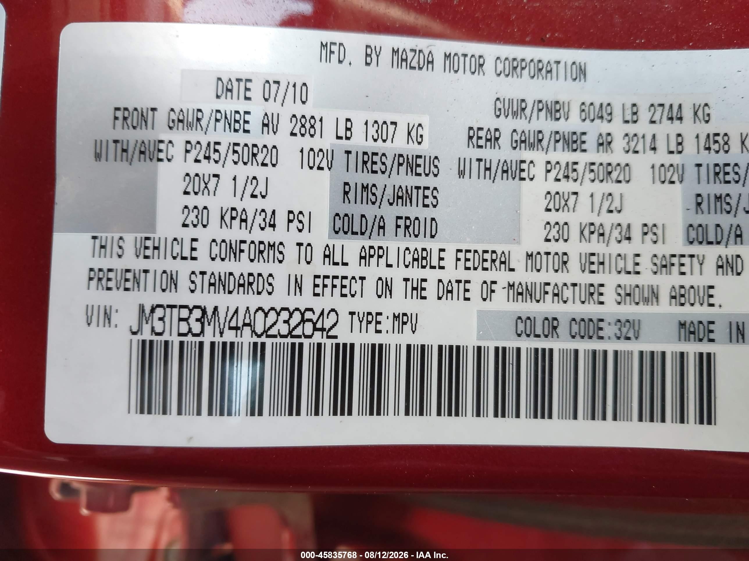 2010 Mazda Cx-9 Grand Touring Red vin: JM3TB3MV4A0232642