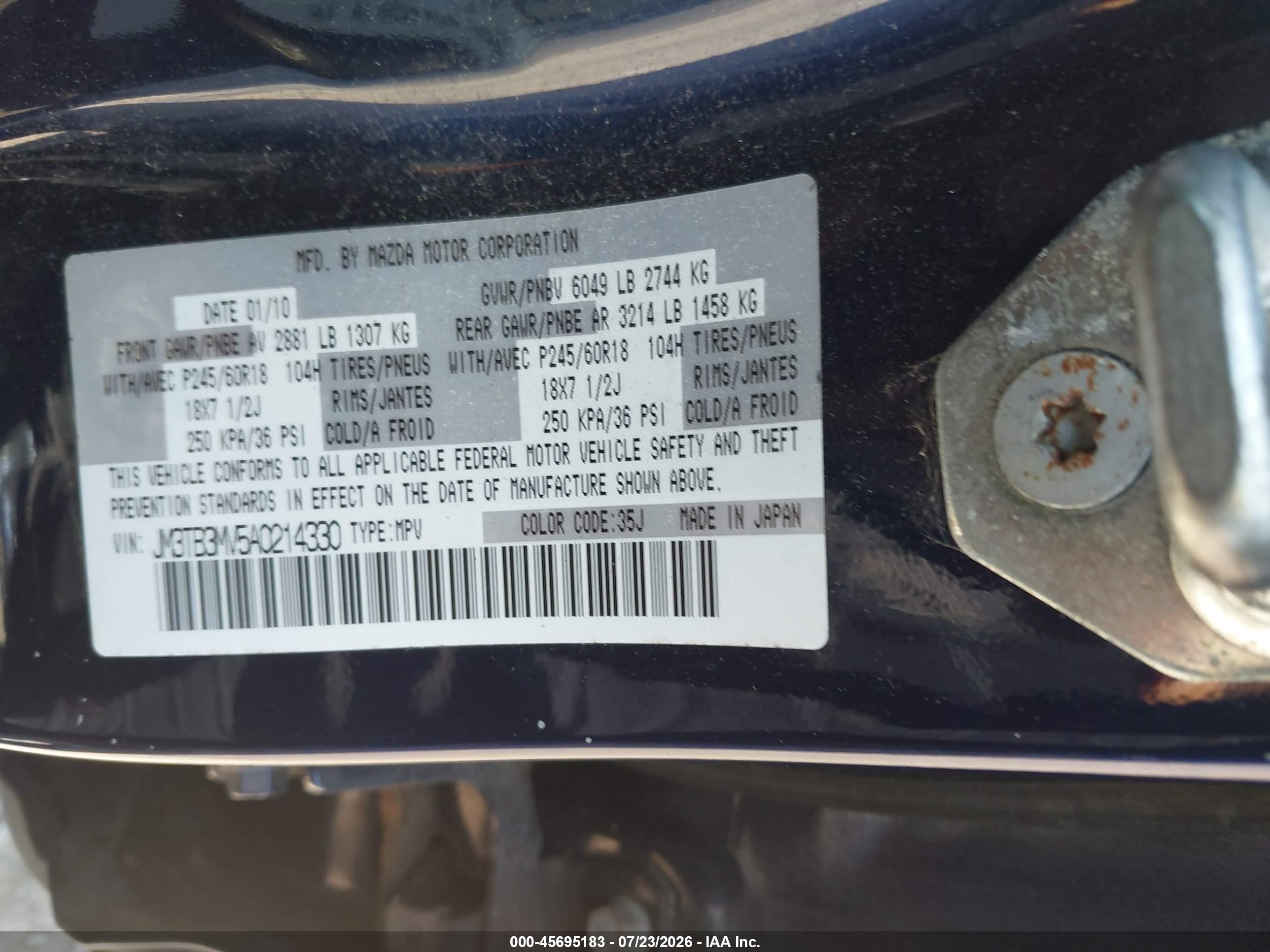 2010 Mazda Cx-9 Sport Blue vin: JM3TB3MV5A0214330