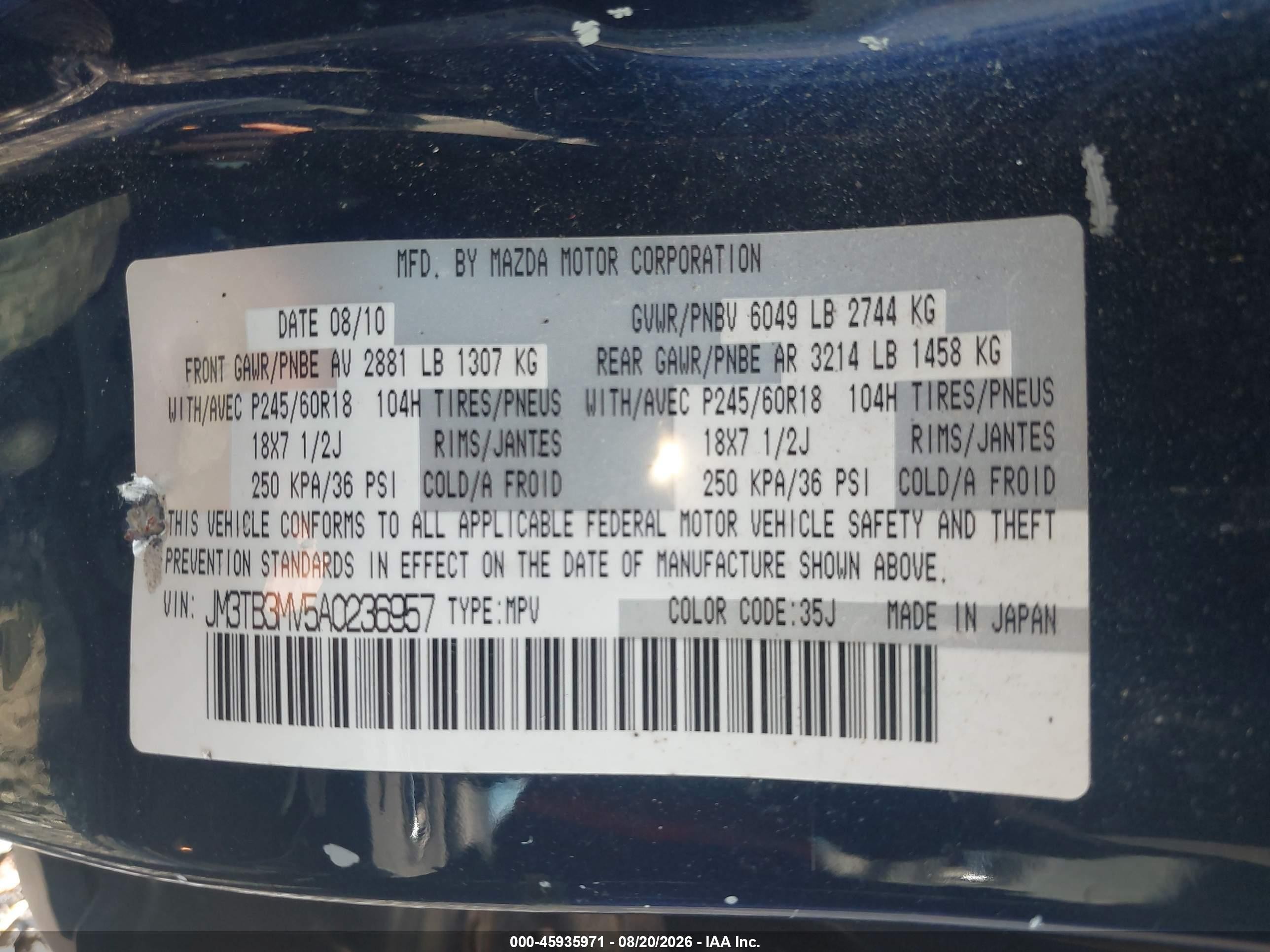 2010 Mazda Cx-9 Touring Blue vin: JM3TB3MV5A0236957