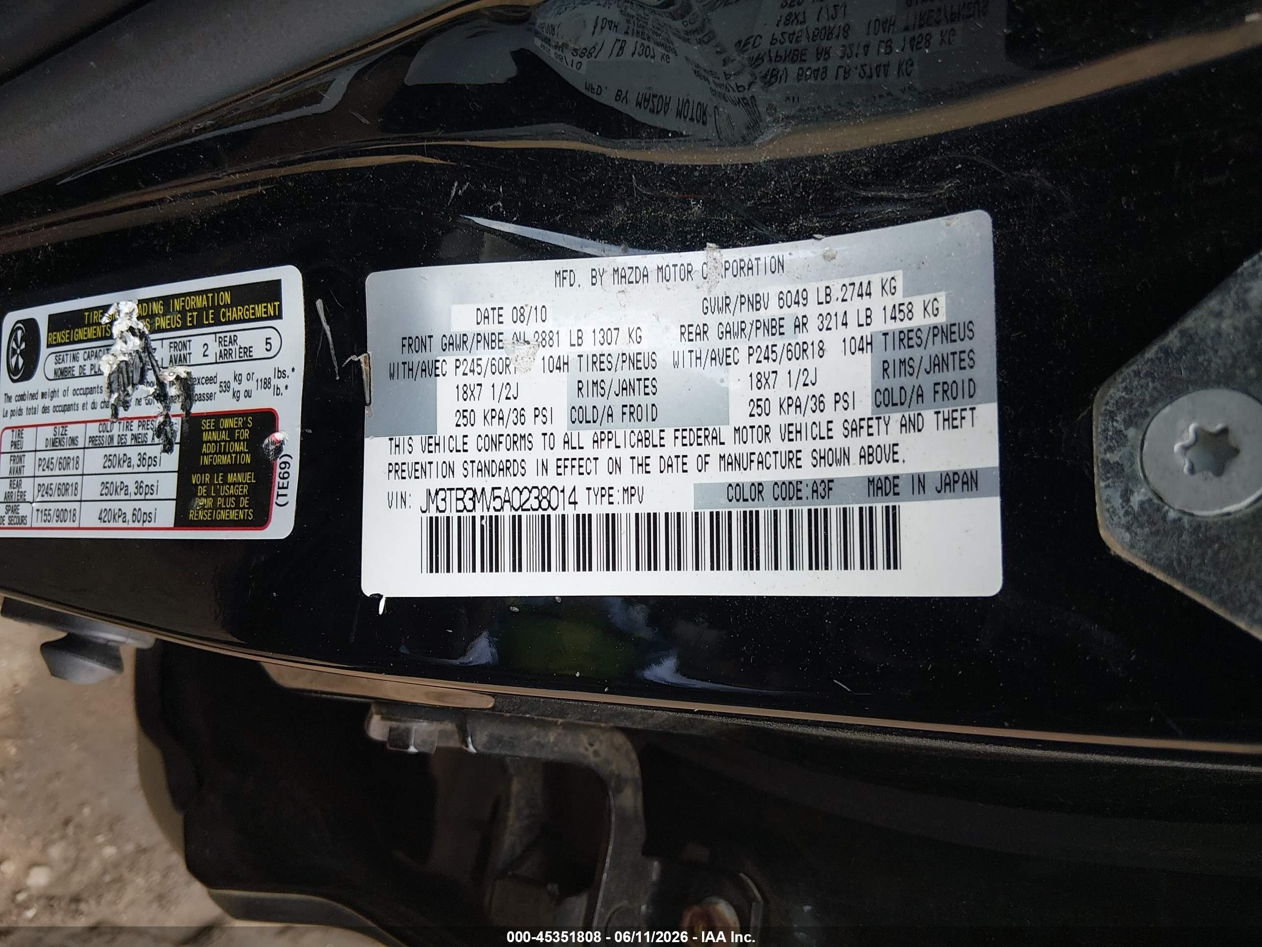 2010 Mazda Cx-9 Touring Black vin: JM3TB3MV5A0238014