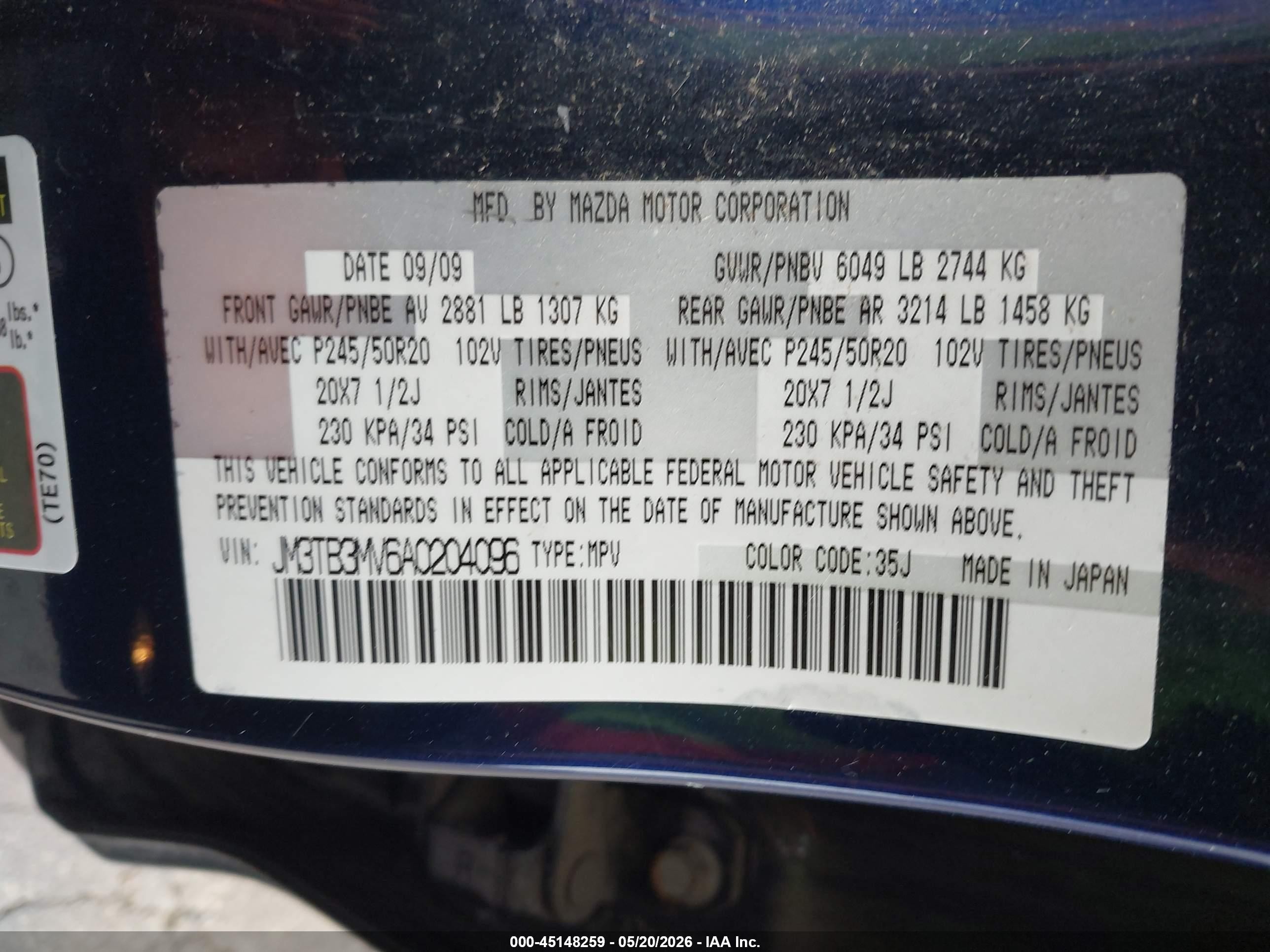 2010 Mazda Cx-9 Grand Touring Dark Blue vin: JM3TB3MV6A0204096