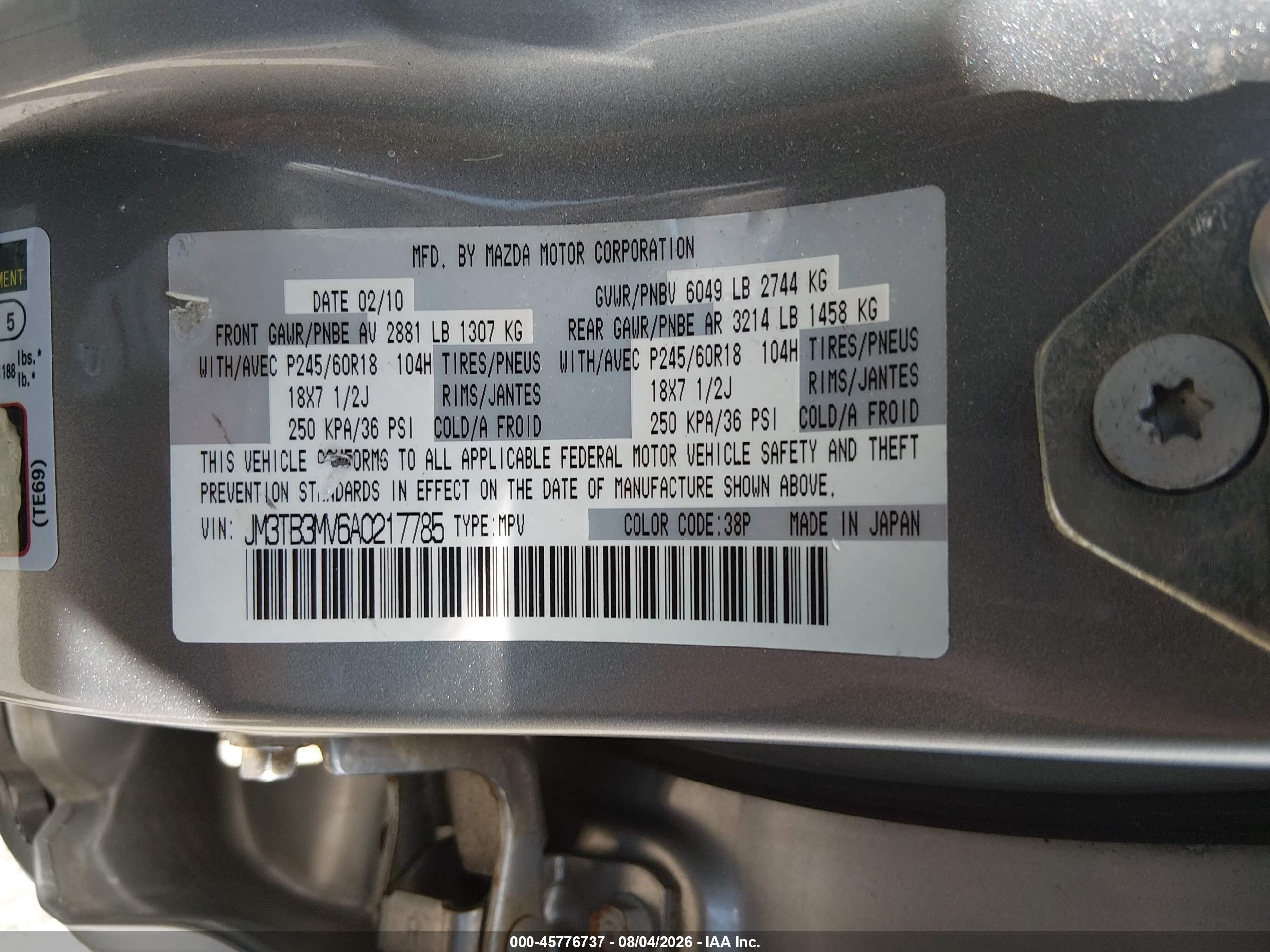 2010 Mazda Cx-9 Touring Gray vin: JM3TB3MV6A0217785
