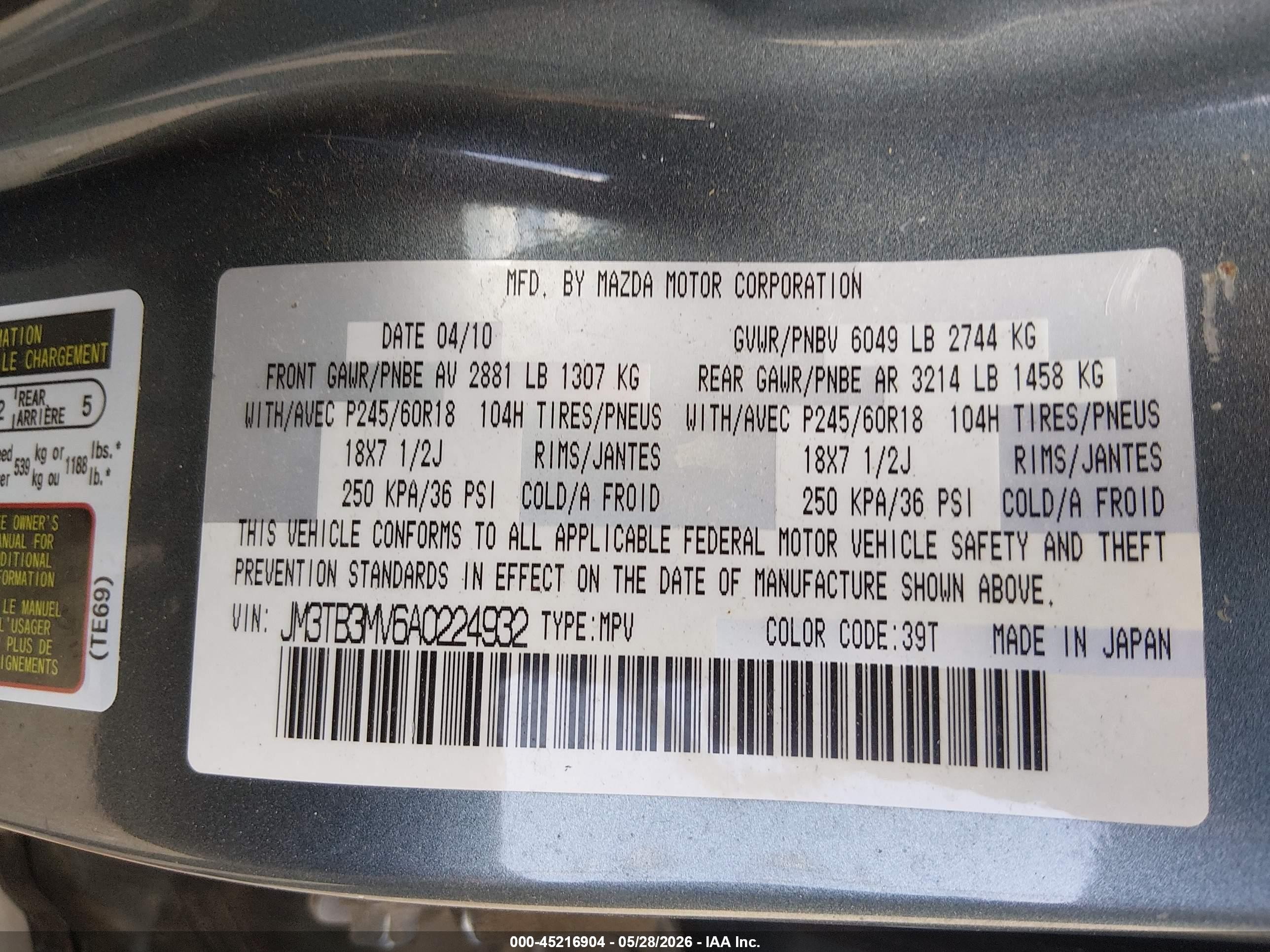 2010 Mazda Cx-9 Sport Бирюзовый vin: JM3TB3MV6A0224932