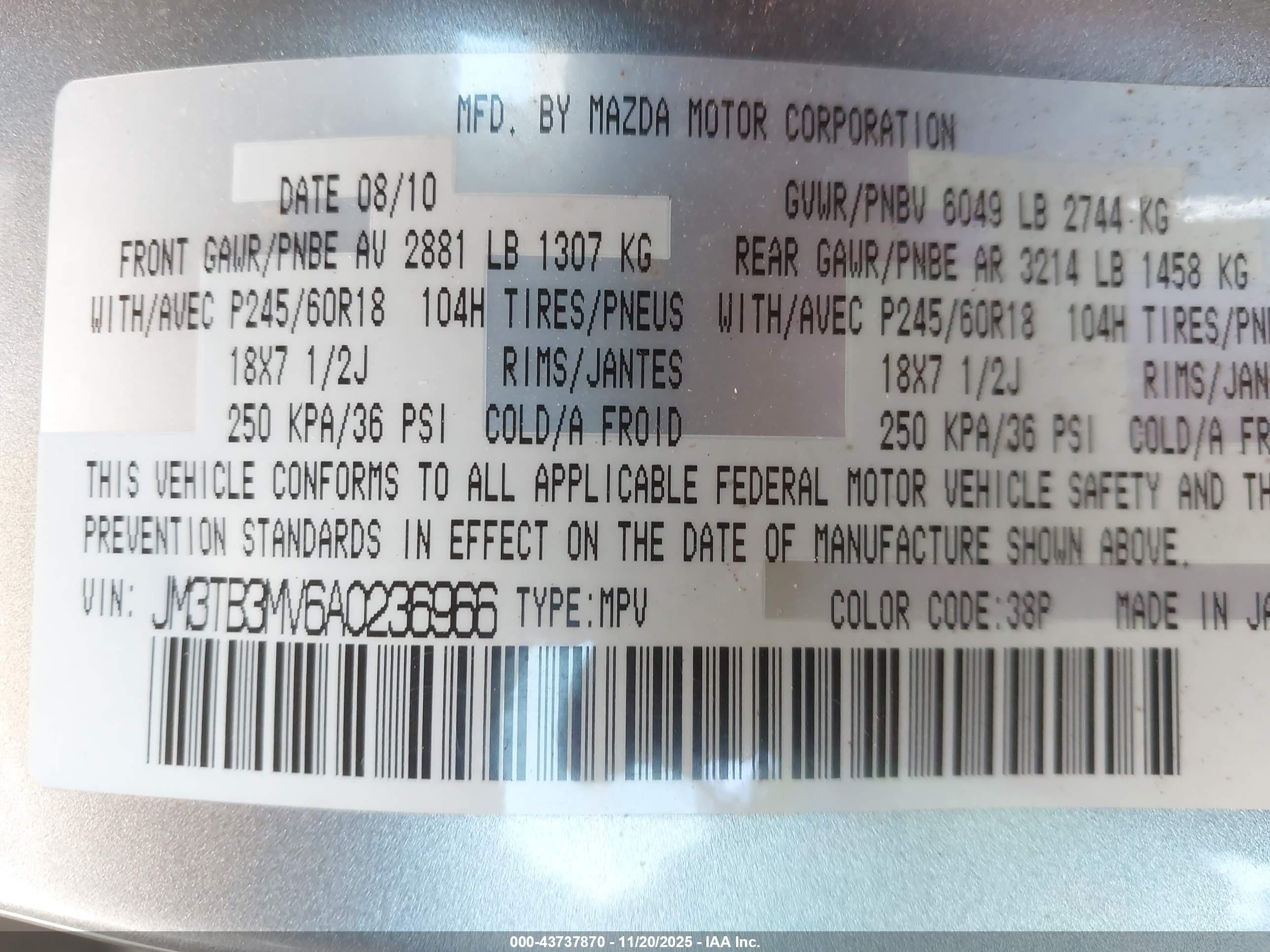 2010 Mazda Cx-9 Touring Silver vin: JM3TB3MV6A0236966