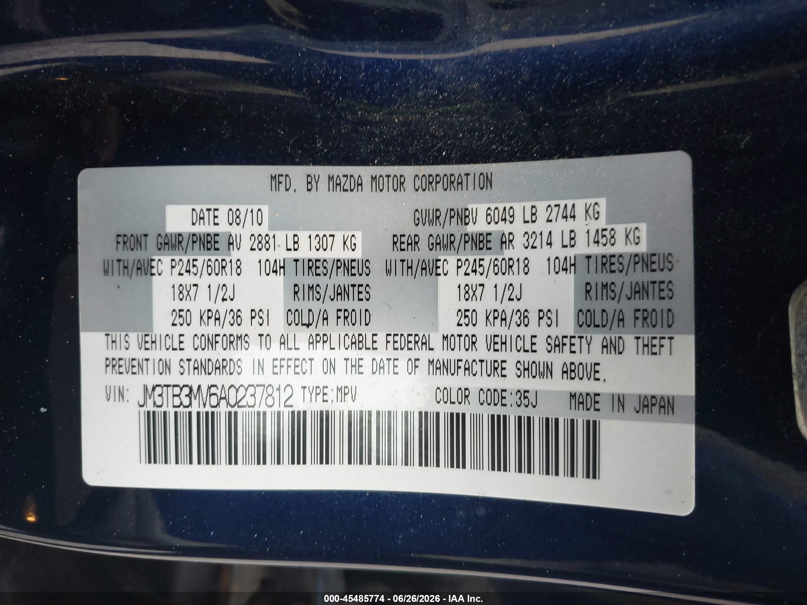 2010 Mazda Cx-9 Touring Blue vin: JM3TB3MV6A0237812