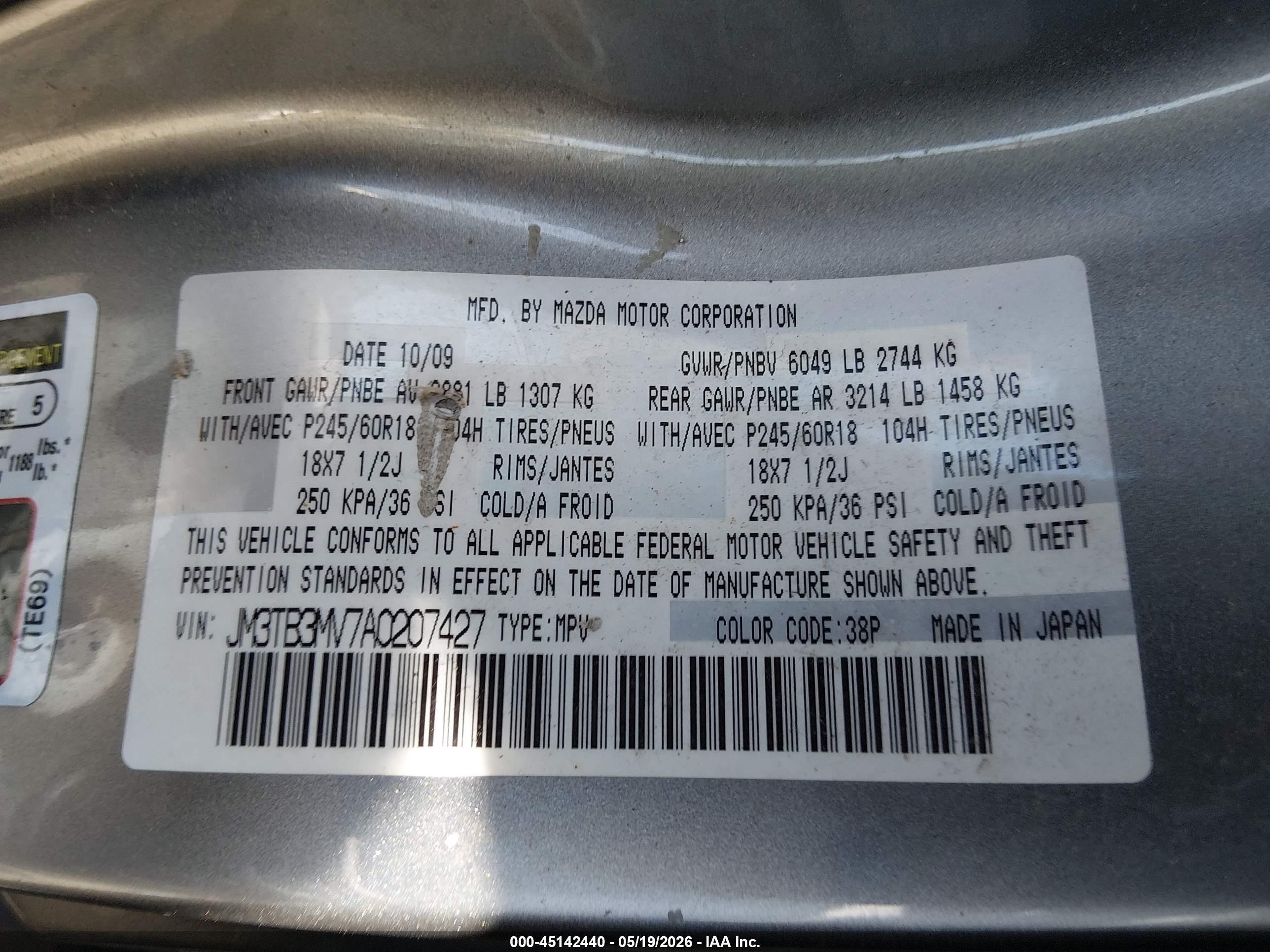 2010 Mazda Cx-9 Touring Gray vin: JM3TB3MV7A0207427