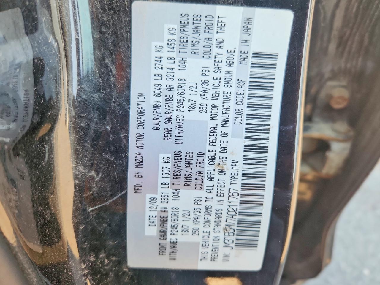 2010 Mazda Cx-9 Black vin: JM3TB3MV7A0211767
