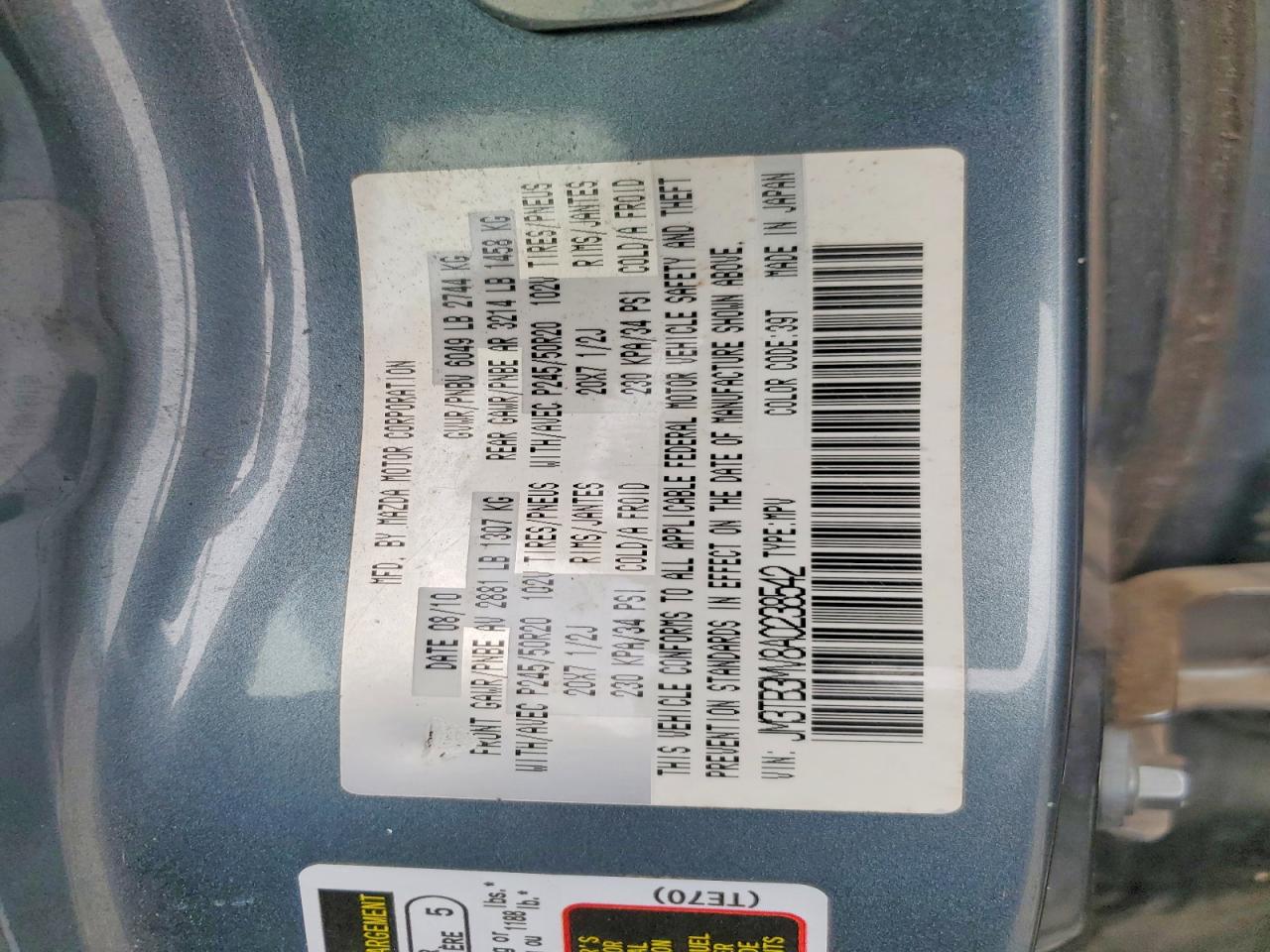 2010 Mazda Cx-9 Blue vin: JM3TB3MV8A0238542