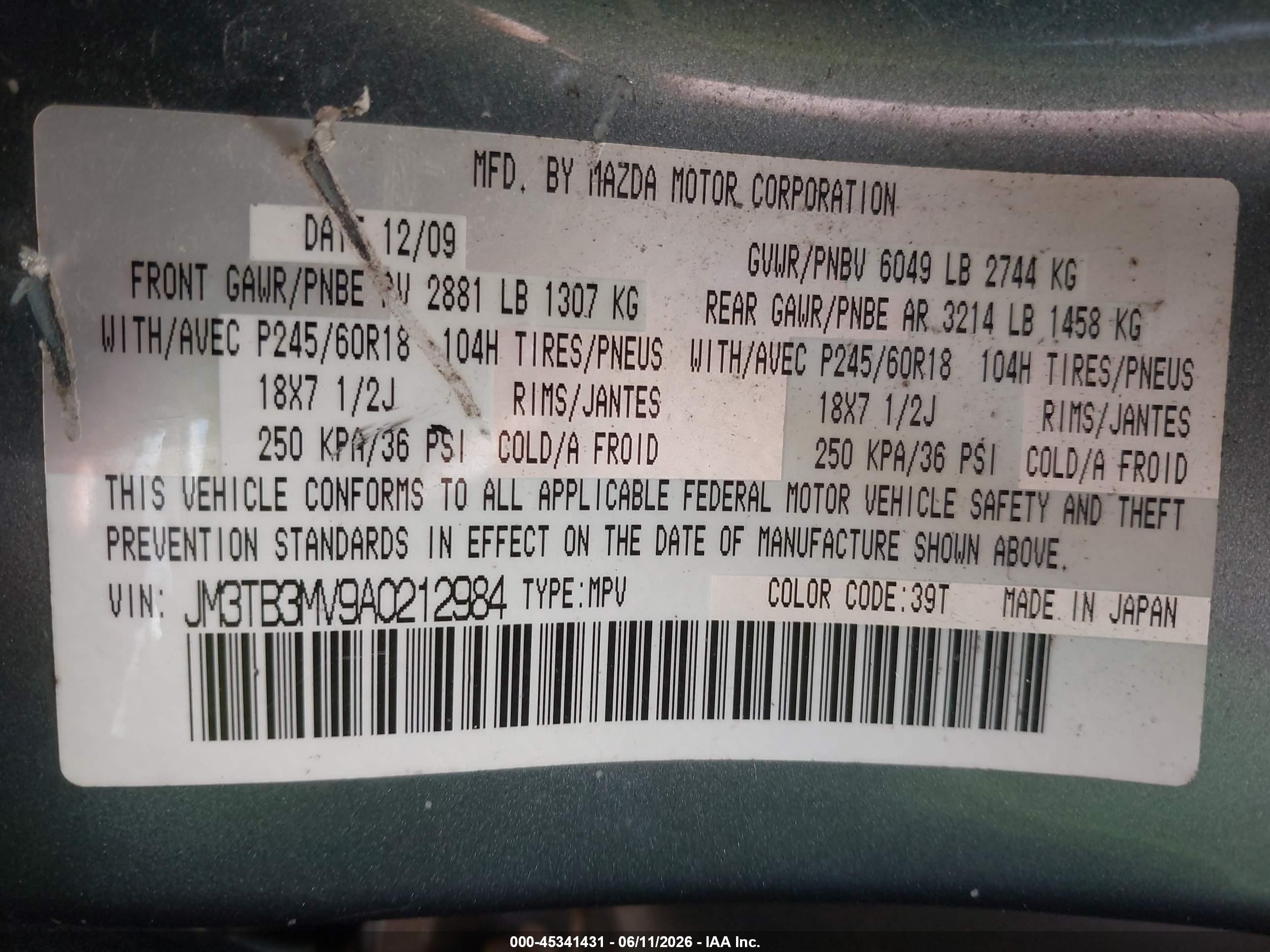 2010 Mazda Cx-9 Touring Light Blue vin: JM3TB3MV9A0212984