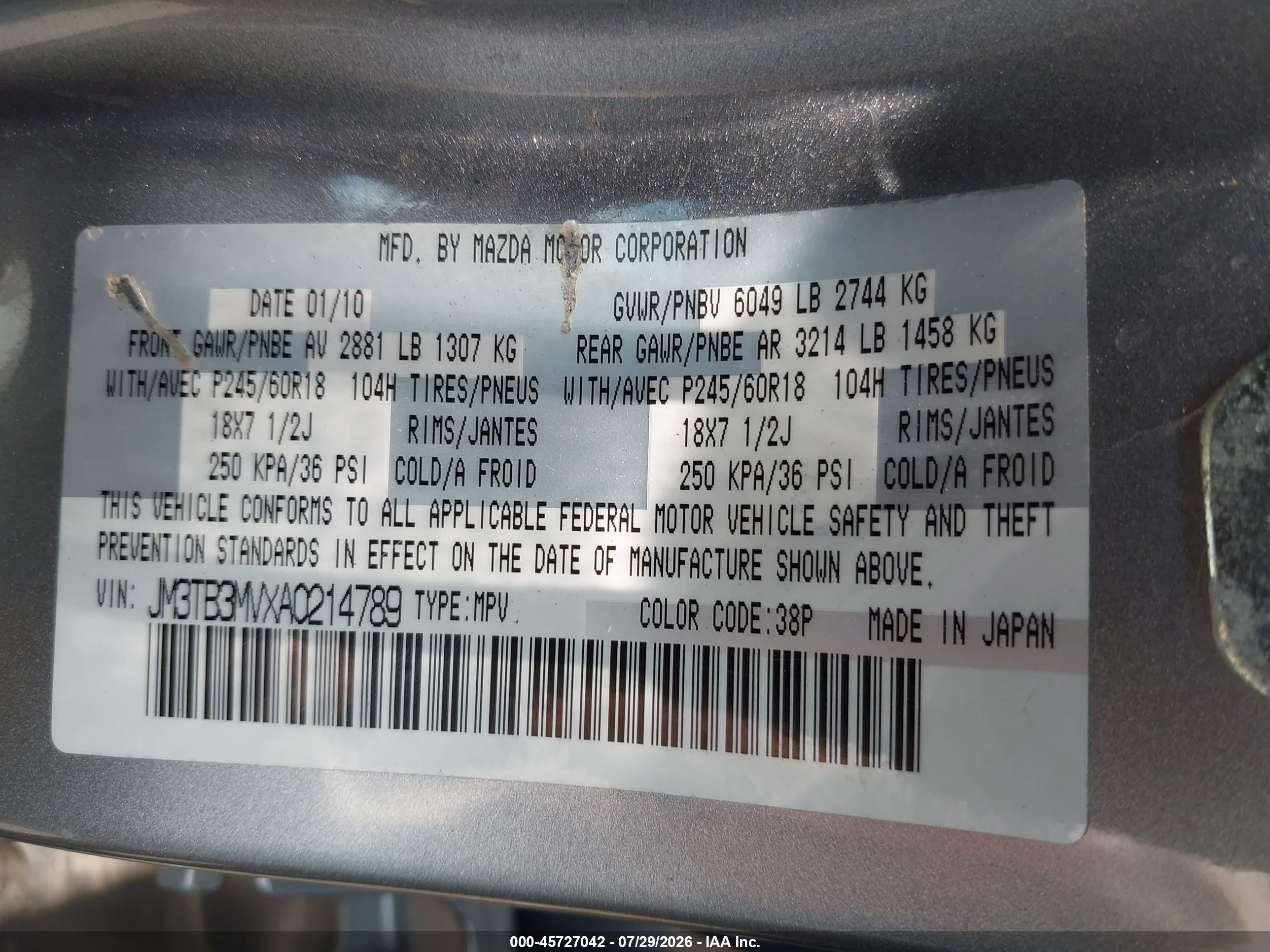 2010 Mazda Cx-9 Touring Silver vin: JM3TB3MVXA0214789