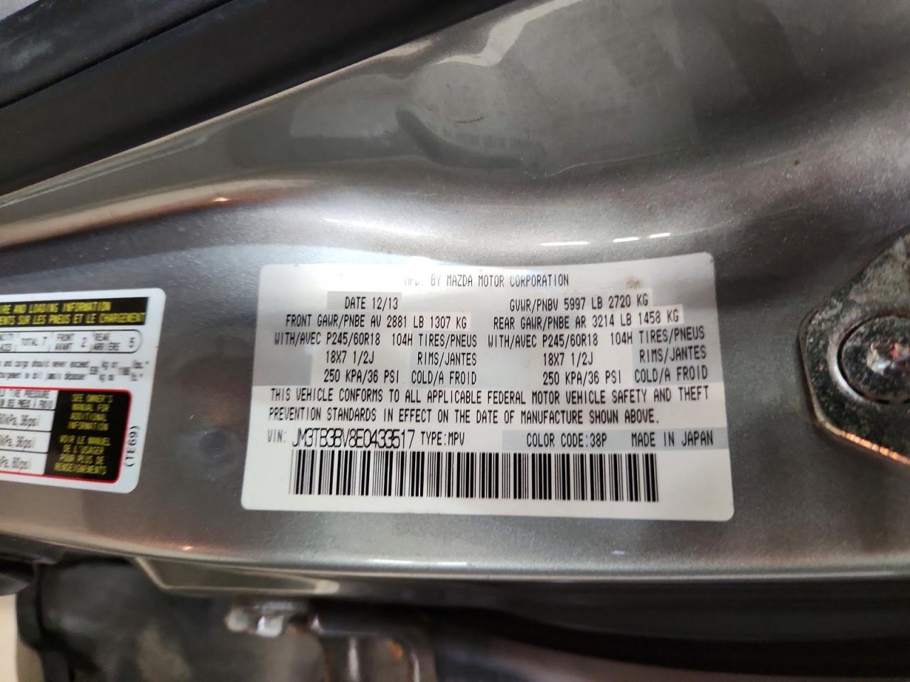 2014 Mazda Cx-9 Gray vin: JM3TBV8E0433517