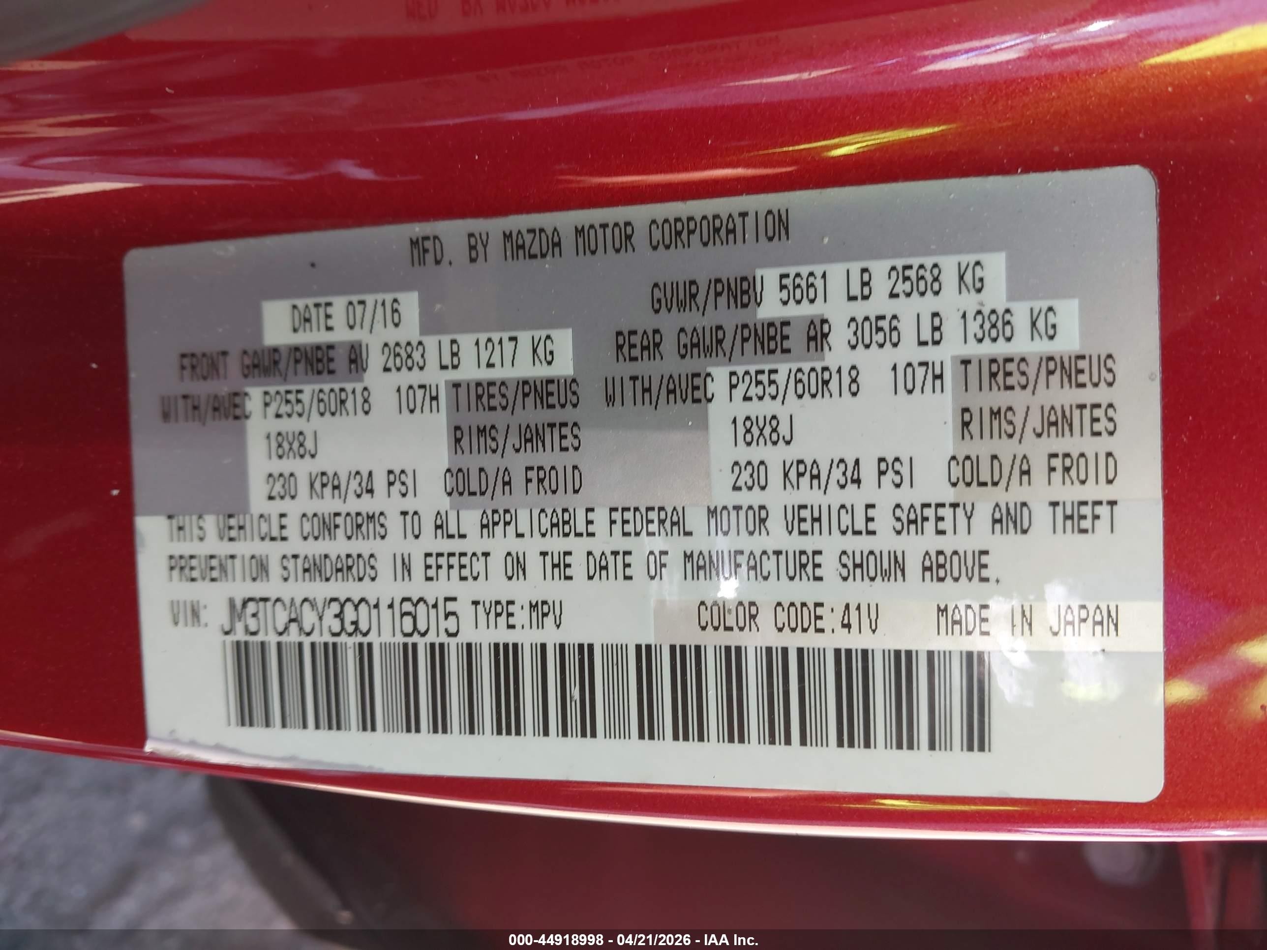 2016 Mazda Cx-9 Touring Red vin: JM3TCACY3G0116015