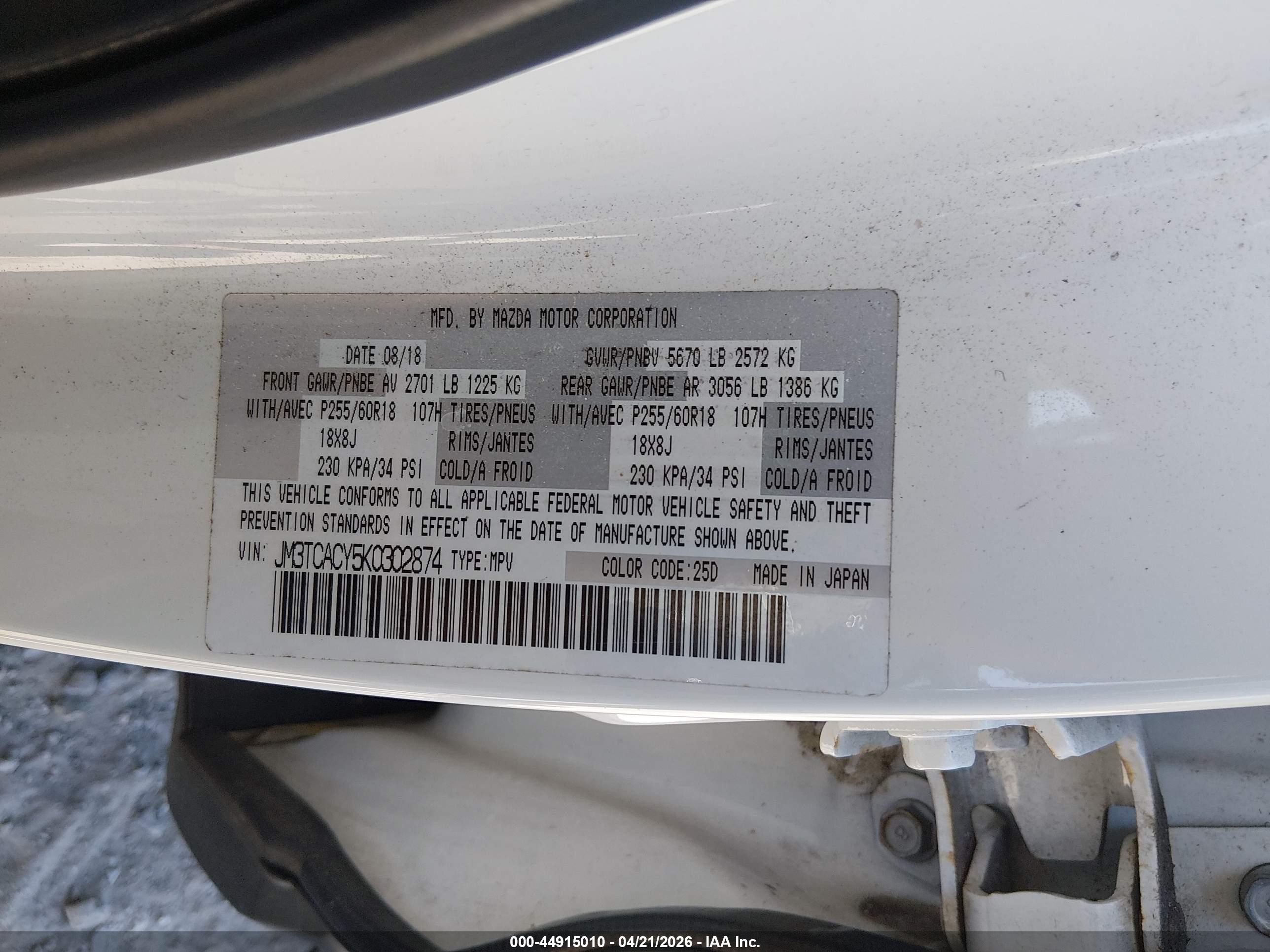 2019 Mazda Cx-9 Touring White vin: JM3TCACY5K0302874