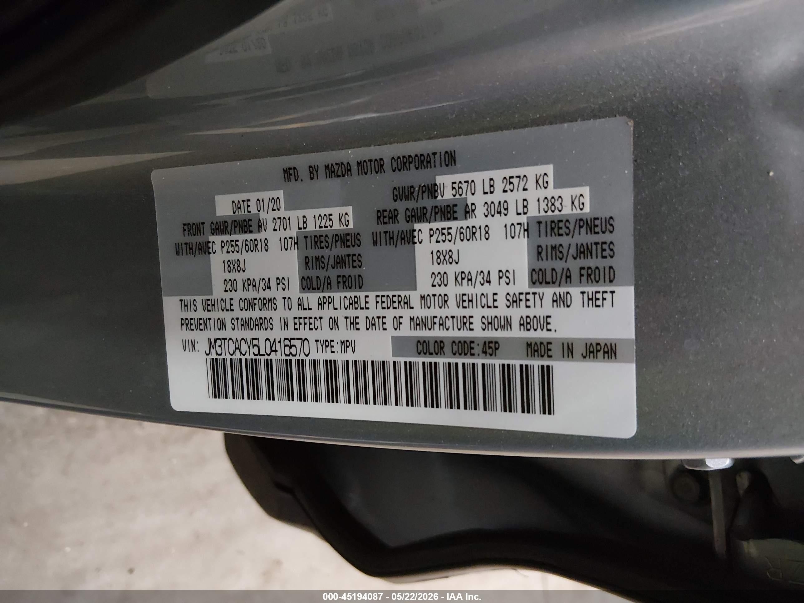 2020 Mazda Cx-9 Touring Silver vin: JM3TCACY5L0416570