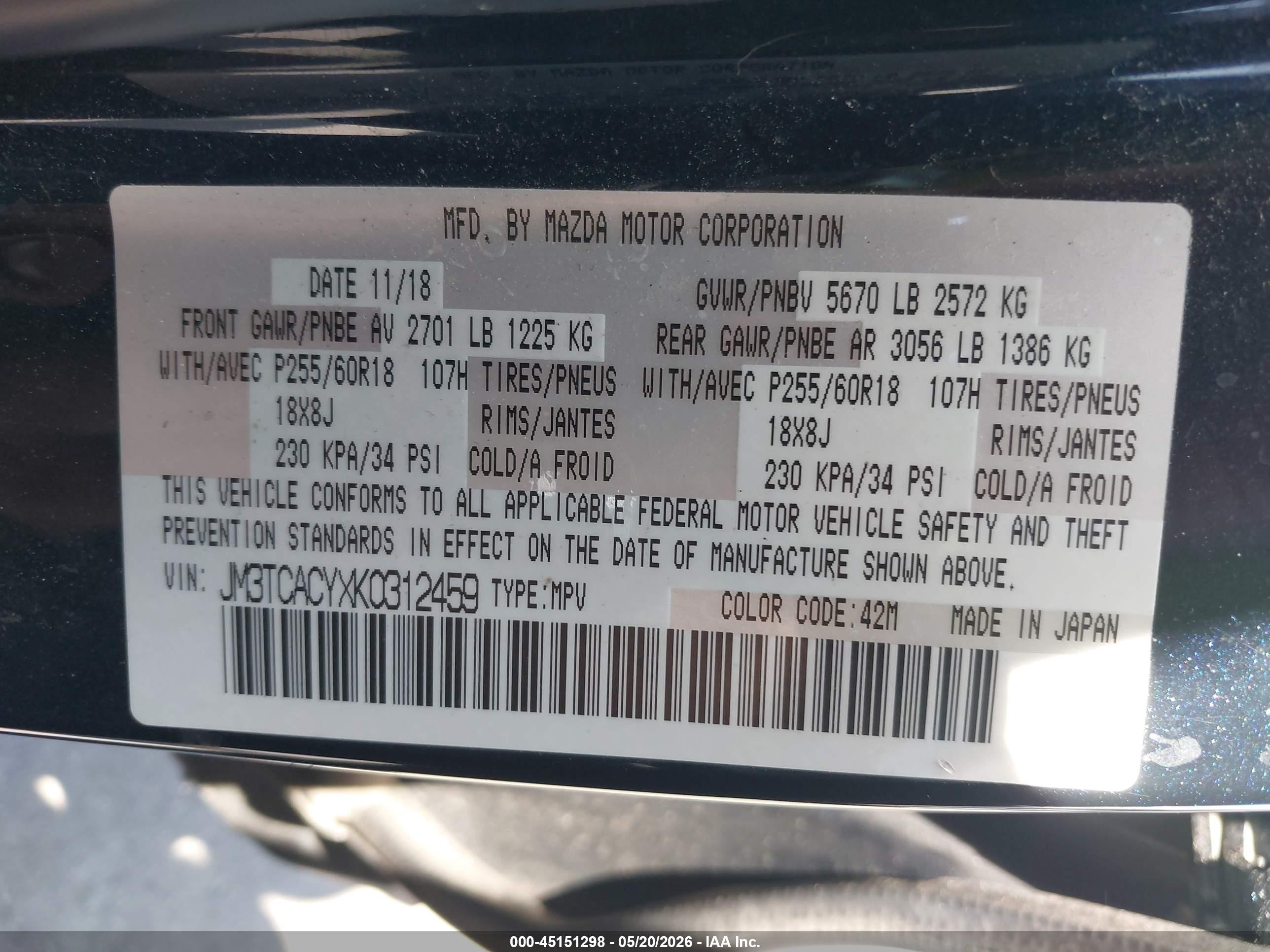 2019 Mazda Cx-9 Touring Blue vin: JM3TCACYXK0312459