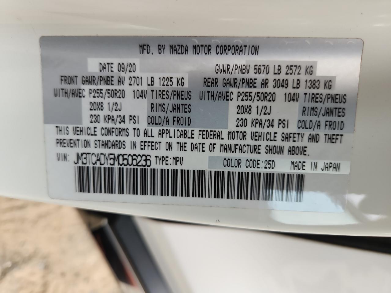 2021 Mazda Cx-9 Grand Touring Белый vin: JM3TCADY5M0506236