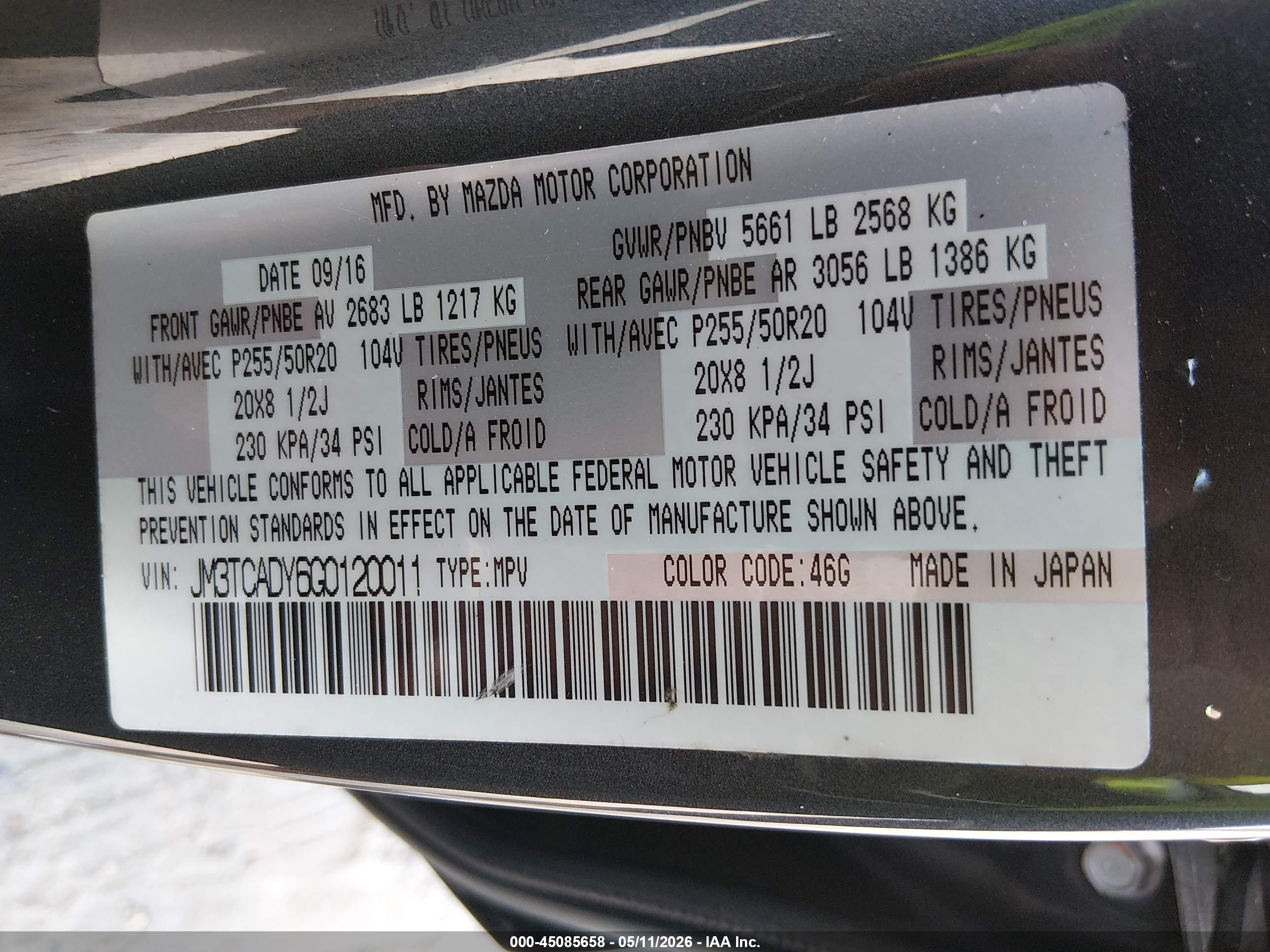2016 Mazda Cx-9 Grand Touring Gray vin: JM3TCADY6G0120011