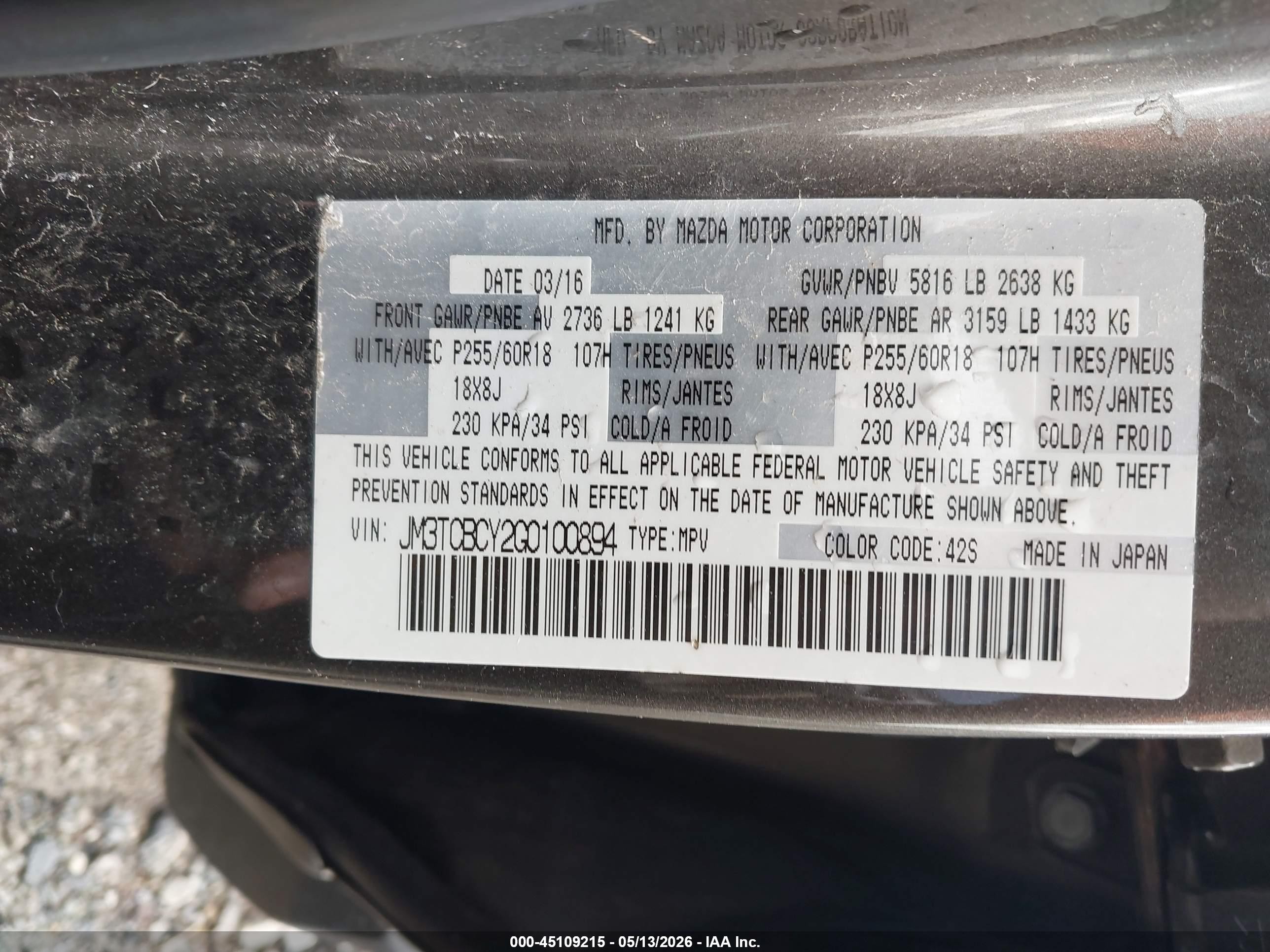 2016 Mazda Cx-9 Touring Black vin: JM3TCBCY2G0100894