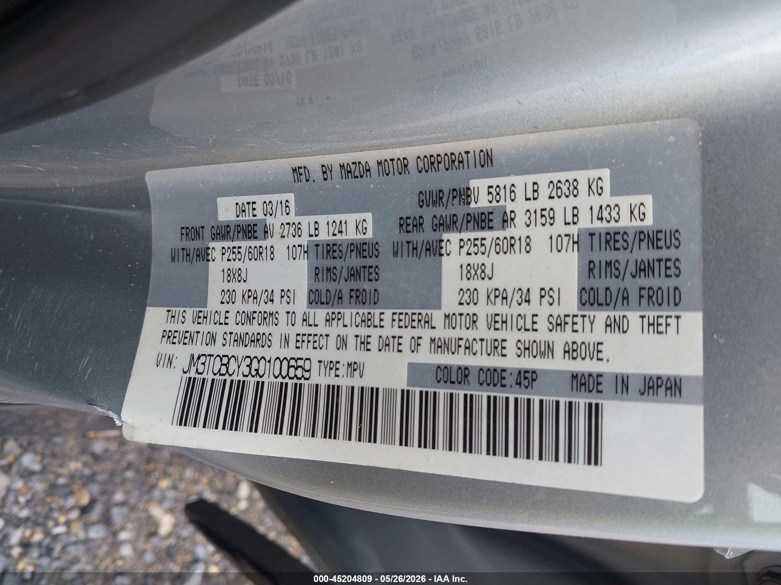 2016 Mazda Cx-9 Touring Silver vin: JM3TCBCY3G0100659